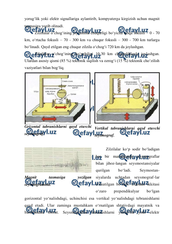  
 
yorug‘lik yoki elektr signallariga aylantirib, kompyuterga kirgizish uchun magnit 
tasmasiga yozib olinadi.  
Zilzilalar o‘chog‘ining joylashish chuqurligi bo‘yicha qisqa fokusli – 0 - 70 
km, o‘rtacha fokusli – 70 - 300 km va chuqur fokusli – 300 - 700 km turlarga 
bo‘linadi. Qayd etilgan eng chuqur zilzila o‘chog‘i 720 km da joylashgan. 
Zilzilalar o‘chog‘ining ko‘pchiligi 10-30 km chuqurliklarda joylashgan. 
Ulardan asosiy qismi (85 %) tektonik siqilish va ozrog‘i (15 %) tektonik cho‘zilish 
vaziyatlari bilan bog‘liq. 
Grizontal tabranishlarni qayd etuvchi 
seysmograf. 
 
Vertikal tabranishlarni qayd etuvchi 
seysmograf. 
 
Zilzilalar ko‘p sodir bo‘ladigan 
har bir mamlakatda seysmograflar 
bilan jihoz-langan seysmostansiyalar 
qurilgan 
bo‘ladi. 
Seymostan-
siyalarda uchtadan seysmograf-lar 
o‘rnatilgan bo‘ladi. Ulardan ikkitasi 
o‘zaro 
prependikulyar 
bo‘lgan 
gorizontal yo‘nalishdagi, uchinchisi esa vertikal yo‘nalishdagi tebranishlarni 
qayd etadi. Ular zaminga mustahkam o‘rnatilgan shtativdagi mayatnik va 
barabandan iborat. Seysmograflar tebranishlarni yorug‘lik yoki elektr 
Magnit 
tasmasiga 
yozilgan 
seysmogramma. 
