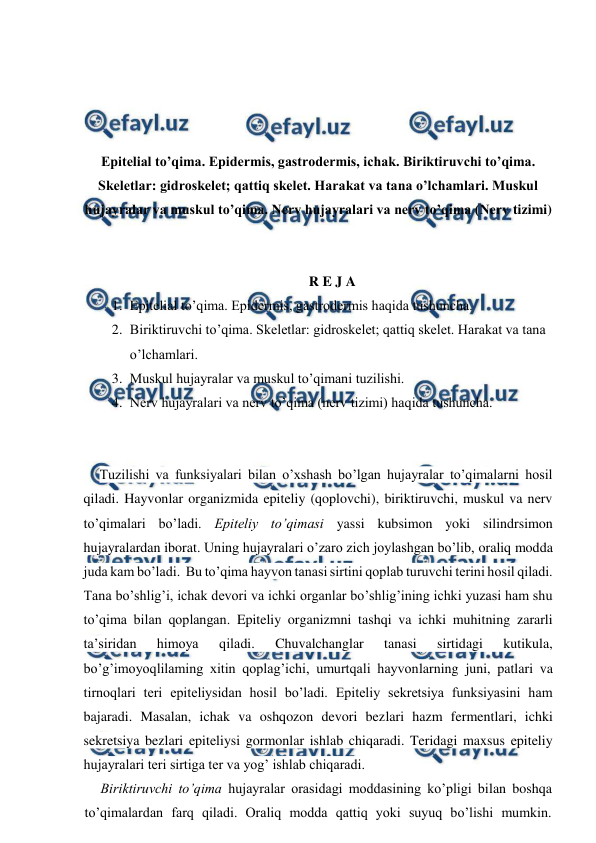  
 
 
 
 
 
Epitelial to’qima. Epidermis, gastrodermis, ichak. Biriktiruvchi to’qima. 
Skeletlar: gidroskelet; qattiq skelet. Harakat va tana o’lchamlari. Muskul 
hujayralar va muskul to’qima. Nerv hujayralari va nerv to’qima (Nerv tizimi) 
 
 
R E J A 
1. Epitelial to’qima. Epidermis, gastrodermis haqida tushuncha. 
2. Biriktiruvchi to’qima. Skeletlar: gidroskelet; qattiq skelet. Harakat va tana 
o’lchamlari. 
3. Muskul hujayralar va muskul to’qimani tuzilishi. 
4. Nerv hujayralari va nerv to’qima (nerv tizimi) haqida tushuncha. 
 
 
Tuzilishi va funksiyalari bilan o’xshash bo’lgan hujayralar to’qimalarni hosil 
qiladi. Hayvonlar organizmida epiteliy (qoplovchi), biriktiruvchi, muskul va nerv 
to’qimalari bo’ladi. Epiteliy to’qimasi yassi kubsimon yoki silindrsimon 
hujayralardan iborat. Uning hujayralari o’zaro zich joylashgan bo’lib, oraliq modda 
juda kam bo’ladi.  Bu to’qima hayvon tanasi sirtini qoplab turuvchi terini hosil qiladi. 
Tana bo’shlig’i, ichak devori va ichki organlar bo’shlig’ining ichki yuzasi ham shu 
to’qima bilan qoplangan. Epiteliy organizmni tashqi va ichki muhitning zararli 
ta’siridan 
himoya 
qiladi. 
Chuvalchanglar 
tanasi 
sirtidagi 
kutikula, 
bo’g’imoyoqlilaming xitin qoplag’ichi, umurtqali hayvonlarning juni, patlari va 
tirnoqlari teri epiteliysidan hosil bo’ladi. Epiteliy sekretsiya funksiyasini ham 
bajaradi. Masalan, ichak va oshqozon devori bezlari hazm fermentlari, ichki 
sekretsiya bezlari epiteliysi gormonlar ishlab chiqaradi. Teridagi maxsus epiteliy 
hujayralari teri sirtiga ter va yog’ ishlab chiqaradi. 
Biriktiruvchi to’qima hujayralar orasidagi moddasining ko’pligi bilan boshqa 
to’qimalardan farq qiladi. Oraliq modda qattiq yoki suyuq bo’lishi mumkin. 
