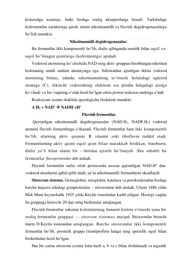  
 
kislorodga uzatmay, balki boshqa oraliq akseptorlarga beradi. Тarkibidagi 
kofermentlar xarakteriga qarab, ularni nikotinamidli va flavinli degidrogenazalarga 
bo’lish mumkin. 
Nikotinamidli degidrogenazalar. 
Bu fermentlar ikki komponentli bo’lib, dializ qilinganda osonlik bilan oqsil va 
oqsil bo’lmagan qismlarga (kofermentga) ajraladi. 
Vodorod atomining ko’chishida NAD ning aktiv gruppasi hisoblangan nikotinat 
kislotaning amidi muhim ahamiyatga ega. Substratdan ajratilgan ikkita vodorod 
atomining bittasi, odatda, nikotinamidning to’rtinchi holatidagi uglerod 
atomiga (C), ikkinchi vodorodning elektroni esa piridin halqadagi azotga 
ko’chadi va bir vaqtning o’zida hosil bo’lgan erkin proton reaksion muhitga o’tadi: 
Reaksiyani sxema shaklida quyidagicha ifodalash mumkin:  
A H2 + NAD+  NADH +H+ 
Flavinli fermentlar. 
 Qaytarilgan nikotinamidli degidrogenazalar (NAD.H2, NADF.H2) vodorod 
atomini flavinli fermentlarga o’tkazadi. Flavinli fermentlar ham ikki komponentli 
bo’lib, ularning aktiv qismini B vitamin yoki riboflavin tashkil etadi. 
Fermentlarning aktiv qismi oqsil qism bilan murakkab birikkan, binobarin, 
dializ yo’li bilan ularni bir —biridan ajratib bo’lmaydi. Shu sababli bu 
fermentlar flavoproteinlar deb ataladi.  
Flavinli fermentlar nafas olish protsessida asosan qaytarilgan NAD.H+ dan 
vodorod atomlarini qabul qilib oladi, ya’ni nikotinamidli fermentlarni oksidlaydi.  
Sitoxrom sistema. Gemoglobin, mioglobin, katalaza va peroksidazadan boshqa 
barcha hujayra ichidagi gemproteinlar – sitoxromlar deb ataladi. Ularni 1886 yilda 
Mak Muni keyinchalik 1925 yilda Keylin tomonidan kashf etilgan. Hozirgi vaqtda 
bu gruppaga kiruvchi 20 dan ortiq birikmalar aniqlangan.   
Flavinli fermentlar suksinat kislotalarning fumarat kislota o’rtasida yana bir 
oraliq fermentlar gruppasi — sitoxrom sistemasi mavjud. Sitoxromlar birinchi 
marta D.Keylin tomonidan aniqlangan. Barcha sitoxromlar ikki komponentli 
fermentlar bo’lib, prostetik gruppa (temirprofirin halqa) ning spetsifik oqsil bilan 
birikishidan hosil bo’lgan. 
Har bir yarim sitoxrom yozma lotin harfi a, b va c bilan ifodalanadi va tegashli 
