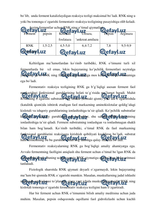  
 
bo`lib,  unda ferment katalizlaydigan reaksiya tezligi maksimal bo`ladi. RNK ning u 
yoki bu tomonga o`zgarishi fermentativ reaksiya tezligining pasayishiga olib keladi. 
Ayrim fermentlar uchun RNK ning o’timal qiymatlari 
Ferment 
pepsin 
Kislotali 
fosfataza 
Ureaza, 
‘ankreat.amilaza 
Tripsin 
Arginaza 
  
RNK 
o’timumi 
1,5-2,5 
4,5-5,0 
6,4-7,2 
7,8 
9,5-9,9 
  
 
Keltirilgan ma’lumotlardan ko`rinib turibdiki, RNK o’timumi turli xil 
fermentlarda bir  xil emas, lekin hujayraning ko’pchilik fermentlari neytralga 
yaqinroq, ya’ni RNK ning fiziologik qiymatlariga mos keluvchi RNK o’timumiga 
ega bo`ladi. 
Fermentativ reaksiya tezligining RNK ga b’g`liqligi asosan ferment faol 
markazidagi funktsional guruhlarining holati to`g`risida ma’lumot beradi. Muhit 
RNK ning o`zgarishi substratni bog`lashda (kontakt qismi) yoki uni o`zgartirishda 
(katalitik qismi)da ishtirok etadigan faol markazning aminokislotalar qoldig`idagi 
kislotali va ishqoriy guruhlarining ionlashishiga ta’sir qiladi. Ko’pchilik substratlar 
kislotali va ishqoriy guruhlarga ega bo`ladilar, shu sababli RNK substratning 
ionlashishiga ta’sir qiladi. Ferment substratning ionlashgan va ionlashmagan shakli 
bilan ham bog`lanadi. Ko`rinib turibdiki, o’timal RNK da faol markazning 
funktsional guruhlarini reaksiyaga kirishish qobiliyati kuchliroq bo`ladi, substrat 
ham fermentning bu bu guruhlari bilan bog`lanishga qulay shaklda bo`ladi. 
Fermentativ reaksiyalarning RNK ga bog`liqligi amaliy ahamiyatga ega. 
Avvalo fermentning faolligini aniqlash shu ferment uchun o’timal bo`lgan RNK da 
o`tkazilishi kerak. Buning uchun zaruriy RNK qiymatiga ega bo`lgan bufer eritmasi 
tanlanadi. 
Fiziologik sharoitda RNK qiymati deyarli o`zgarmaydi, lekin hujayraning 
ma’lum bir qismida RNK o`zgarishi mumkin. Masalan, muskullarning jadal ishlashi 
natijasida sut kislotasi to’planadi, qisqa vaqt ichida muskul hujayrasida ‘RNK ning 
kislotali tomonga o`zgarishi fermentativ reaksiya tezligini ham o`zgartiradi. 
Har bir ferment uchun RNK o’timumini bilish amaliy meditsina uchun juda 
muhim. Masalan, pepsin oshqozonda oqsillarni faol gidrolizlashi uchun kuchli 
