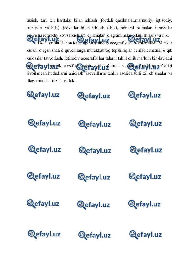  
 
tuzish, turli xil haritalar bilan ishlash (foydali qazilmalar,ma’muriy, iqtisodiy, 
transport va h.k.), jadvallar bilan ishlash (aholi, mineral resruslar, tarmoqlar 
bo’yicha iqtisodiy ko’rsatkichlar), chizmalar (diagrammalar bilan ishlash) va h.k. 
IX- sinfda “Jahon iqtisodiy va ijtimoiiy geografiyasi” kursi o’tiladi. Mazkur 
kursni o’rganishda o’quvchilarga murakkabroq topshiriqlar beriladi: matnni o’qib 
xulosalar tayyorlash, iqtisodiy geografik haritalarni tahlil qilib ma’lum bir davlatni 
iqtisodiy geografik tavsifini tuzish yoki bo’lmasa sanoat va qishloq xo’jaligi 
rivojlangan hududlarni aniqlash, jadvalllarni tahlili asosida turli xil chizmalar va 
diagrammalar tuzish va h.k. 
 
