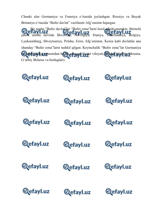  
 
Chunki ular Germaniya va Fransiya o’rtasida joylashgan. Rossiya va Buyuk 
Britaniya o’rtasida “Bufer davlat” vazifasini Afg’onistin bajargan. 
 
Bir necha “Bufer davlat”lar “Bufer zona”larni hosil qilishi mumkin. Birinchi 
jahon urushi davrida Shvetsiya, Norvegiya, Daniya, Niderlandiya, Belgiya, 
Lyuksemburg, Shveytsariya, Polsha, Eron, Afg’oniston, Korea kabi davlatlar ana 
shunday “Bufer zona”larni tashkil qilgan. Keyinchalik “Bufer zona”lar Germaniya 
va sobiq ittifoq tomonidan bo’lib olingan (Sudet viloyati, Polsha, G’arbiy Ukraina, 
G’arbiy Belarus va boshqalar). 
 
