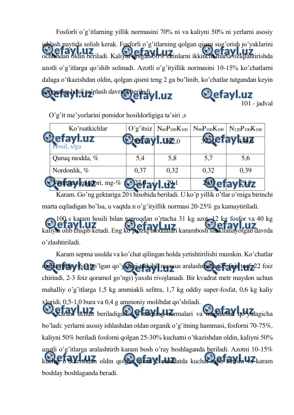  
 
Fosforli o’g’itlarning yillik normasini 70% ni va kaliyni 50% ni yerlarni asosiy 
ishlash paytida solish kerak. Fosforli o’g’itlarning qolgan qismi sug’orish jo’yaklarini 
ochishdan oldin beriladi. Kaliyni qolgan 50% ekinlarni ikkinchi marta oziqlantirishda 
azotli o’g’itlarga qo’shib solinadi. Azotli o’g’ityillik normasini 10-15% ko’chatlarni 
dalaga o’tkazishdan oldin, qolgan qismi teng 2 ga bo’linib, ko’chatlar tutgandan keyin 
yoppasiga hosil to’plash davrida beriladi. 
101 - jadval 
O’g’it me’yorlarini pomidor hosildorligiga ta’siri ,s 
Ko’rsatkichlar 
O’g’itsiz N60P100K100 N90P100K100 N120P100K100 
Hosil, s/ga 
306,0 
362,0 
392,0 
438,0 
Quruq modda, % 
5,4 
5,8 
5,7 
5,6 
Nordonlik, % 
0,37 
0,32 
0,32 
0,39 
Vitamin s miqdori, mg-% 
27,0 
29,1 
29,0 
29,3 
Karam. Go’ng gektariga 20 t hisobida beriladi. U ko’p yillik o’tlar o’rniga birinchi 
marta eqiladigan bo’lsa, u vaqtda n o’g’ityillik normasi 20-25% ga kamaytiriladi. 
100 s karam hosili bilan tuproqdan o’rtacha 31 kg azot, 12 kg fosfor va 40 kg 
kaliyni olib chiqib ketadi. Eng ko’p oziq moddalari karambosh shakllanayotgan davrda 
o’zlashtiriladi. 
Karam sepma usulda va ko’chat qilingan holda yetishtirilishi mumkin. Ko’chatlar 
muhit (pH) – 6-7 bo’lgan qo’yidagi tarkibli maxsus aralashmada (75 foiz torf, 22 foiz 
chirindi, 2-3 foiz qoramol go’ngi) yaxshi rivojlanadi. Bir kvadrat metr maydon uchun 
mahalliy o’g’itlarga 1,5 kg ammiakli selitra, 1,7 kg oddiy super-fosfat, 0,6 kg kaliy 
xloridi, 0,5-1,0 bura va 0,4 g ammoniy molibdat qo’shiladi. 
Karam uchun beriladigan o’g’itlarning normalari va muddatlari qo’yidagicha 
bo’ladi: yerlarni asosiy ishlashdan oldan organik o’g’itning hammasi, fosforni 70-75%, 
kaliyni 50% beriladi fosforni qolgan 25-30% kuchatni o’tkazishdan oldin, kaliyni 50% 
azotli o’g’itlarga aralashtirib karam bosh o’ray boshlaganda beriladi. Azotni 10-15% 
kuchat o’tkazishdan oldin qolgan qismi 2 muddatda kuchat tutib ketishi va karam 
boshlay boshlaganda beradi. 
