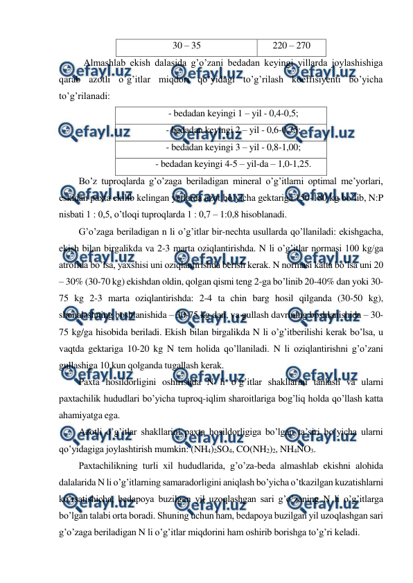  
 
30 – 35 
220 – 270 
Almashlab ekish dalasida g’o’zani bedadan keyingi yillarda joylashishiga 
qarab azotli o’g’itlar miqdori qo’yidagi to’g’rilash koeffisiyenti bo’yicha 
to’g’rilanadi: 
- bedadan keyingi 1 – yil - 0,4-0,5; 
- bedadan keyingi 2 – yil - 0,6-0,75; 
- bedadan keyingi 3 – yil - 0,8-1,00; 
- bedadan keyingi 4-5 – yil-da – 1,0-1,25. 
Bo’z tuproqlarda g’o’zaga beriladigan mineral o’g’itlarni optimal me’yorlari, 
eskidan paxta ekilib kelingan yerlarda azot bo’yicha gektariga 150-180 kg bo’lib, N:P 
nisbati 1 : 0,5, o’tloqi tuproqlarda 1 : 0,7 – 1:0,8 hisoblanadi. 
G’o’zaga beriladigan n li o’g’itlar bir-nechta usullarda qo’llaniladi: ekishgacha, 
ekish bilan birgalikda va 2-3 marta oziqlantirishda. N li o’g’itlar normasi 100 kg/ga 
atrofida bo’lsa, yaxshisi uni oziqlantirishda berish kerak. N normasi katta bo’lsa uni 20 
– 30% (30-70 kg) ekishdan oldin, qolgan qismi teng 2-ga bo’linib 20-40% dan yoki 30-
75 kg 2-3 marta oziqlantirishda: 2-4 ta chin barg hosil qilganda (30-50 kg), 
shonalashning boshlanishida – 30-75 kg dan, va gullash davrining boshlanishida – 30-
75 kg/ga hisobida beriladi. Ekish bilan birgalikda N li o’g’itberilishi kerak bo’lsa, u 
vaqtda gektariga 10-20 kg N tem holida qo’llaniladi. N li oziqlantirishni g’o’zani 
gullashiga 10 kun qolganda tugallash kerak. 
Paxta hosildorligini oshirishda N li o’g’itlar shakllarini tanlash va ularni 
paxtachilik hududlari bo’yicha tuproq-iqlim sharoitlariga bog’liq holda qo’llash katta 
ahamiyatga ega. 
Azotli o’g’itlar shakllarini paxta hosildorligiga bo’lgan ta’siri bo’yicha ularni 
qo’yidagiga joylashtirish mumkin: (NH4)2SO4, CO(NH2)2, NH4NO3. 
Paxtachilikning turli xil hududlarida, g’o’za-beda almashlab ekishni alohida 
dalalarida N li o’g’itlarning samaradorligini aniqlash bo’yicha o’tkazilgan kuzatishlarni 
ko’rsatishicha, bedapoya buzilgan yil uzoqlashgan sari g’o’zaning N li o’g’itlarga 
bo’lgan talabi orta boradi. Shuning uchun ham, bedapoya buzilgan yil uzoqlashgan sari 
g’o’zaga beriladigan N li o’g’itlar miqdorini ham oshirib borishga to’g’ri keladi. 
