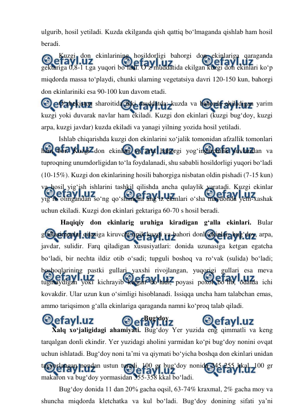  
 
ulgurib, hosil yetiladi. Kuzda ekilganda qish qattiq bo‘lmaganda qishlab ham hosil 
beradi.  
Kuzgi don ekinlarining hosildorligi bahorgi don ekinlariga qaraganda 
gektariga 0,8-1 t.ga yuqori bo‘ladi. O‘z muddatida ekilgan kuzgi don ekinlari ko‘p 
miqdorda massa to‘playdi, chunki ularning vegetatsiya davri 120-150 kun, bahorgi 
don ekinlariniki esa 90-100 kun davom etadi.  
O‘zbekiston sharoitida ikki muddatda: kuzda va bahorda ekiladigan yarim 
kuzgi yoki duvarak navlar ham ekiladi. Kuzgi don ekinlari (kuzgi bug‘doy, kuzgi 
arpa, kuzgi javdar) kuzda ekiladi va yanagi yilning yozida hosil yetiladi.  
Ishlab chiqarishda kuzgi don ekinlarini xo‘jalik tomonidan afzallik tomonlari 
ham bor. Kuzgi don ekinlari va erta bahorgi yog‘ingarchilik suvlaridan va 
tuproqning unumdorligidan to‘la foydalanadi, shu sababli hosildorligi yuqori bo‘ladi 
(10-15%). Kuzgi don ekinlarining hosili bahorgiga nisbatan oldin pishadi (7-15 kun) 
va hosil yig‘ish ishlarini tashkil qilishda ancha qulaylik yaratadi. Kuzgi ekinlar 
yig‘ib olingandan so‘ng qo‘shimcha ang‘iz ekinlari o‘sha maydonda yem-xashak 
uchun ekiladi. Kuzgi don ekinlari gektariga 60-70 s hosil beradi.  
 Haqiqiy don ekinlarig uruhiga kiradigan g‘alla ekinlari. Bular 
g‘allasimonlar oilasiga kiruvchi tipik kuzgi va bahori donli ekinlar; bug‘doy, arpa, 
javdar, sulidir. Farq qiladigan xususiyatlari: donida uzunasiga ketgan egatcha 
bo‘ladi, bir nechta ildiz otib o‘sadi; tupguli boshoq va ro‘vak (sulida) bo‘ladi; 
boshoqlarining pastki gullari yaxshi rivojlangan, yuqorigi gullari esa meva 
tugmaydigan yoki kichrayib ketgan bo‘ladi; poyasi poxol bo‘lib, odatda ichi 
kovakdir. Ular uzun kun o‘simligi hisoblanadi. Issiqqa uncha ham talabchan emas, 
ammo tariqsimon g‘alla ekinlariga qaraganda namni ko‘proq talab qiladi. 
Bug‘doy 
Xalq xo‘jaligidagi ahamiyati. Bug‘doy Yer yuzida eng qimmatli va keng 
tarqalgan donli ekindir. Yer yuzidagi aholini yarmidan ko‘pi bug‘doy nonini ovqat 
uchun ishlatadi. Bug‘doy noni ta’mi va qiymati bo‘yicha boshqa don ekinlari unidan 
tayyorlangan nondan ustun turadi. 100 gr bug‘doy nonida 245-255 kkal, 100 gr 
makaron va bug‘doy yormasidan 355-358 kkal bo‘ladi.  
Bug‘doy donida 11 dan 20% gacha oqsil, 63-74% kraxmal, 2% gacha moy va 
shuncha miqdorda kletchatka va kul bo‘ladi. Bug‘doy donining sifati ya’ni 
