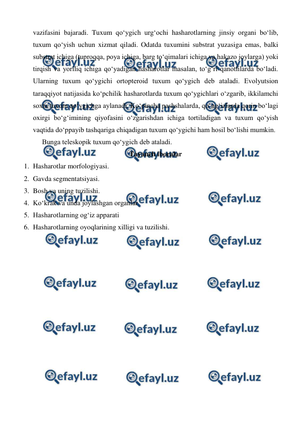  
 
vazifasini bajaradi. Tuxum qo‘ygich urg‘ochi hasharotlarning jinsiy organi bo‘lib, 
tuxum qo‘yish uchun xizmat qiladi. Odatda tuxumini substrat yuzasiga emas, balki 
substrat ichiga (tuproqqa, poya ichiga, barg to‘qimalari ichiga va hakazo joylarga) yoki 
tirqish va yoriliq ichiga qo‘yadigan hasharotlar masalan, to‘g‘ri qanotlilarda bo‘ladi. 
Ularning tuxum qo‘ygichi ortopteroid tuxum qo‘ygich deb ataladi. Evolyutsion 
taraqqiyot natijasida ko‘pchilik hasharotlarda tuxum qo‘ygichlari o‘zgarib, ikkilamchi 
soxta tuxum qo‘ygichga aylanadi. Ko‘pincha pashshalarda, qo‘ng‘izlarda qorin bo‘lagi 
oxirgi bo‘g‘imining qiyofasini o‘zgarishdan ichiga tortiladigan va tuxum qo‘yish 
vaqtida do‘ppayib tashqariga chiqadigan tuxum qo‘ygichi ham hosil bo‘lishi mumkin. 
Bunga teleskopik tuxum qo‘ygich deb ataladi. 
Tayanch iboralar 
1. Hasharotlar morfologiyasi. 
2. Gavda segmentatsiyasi. 
3. Bosh va uning tuzilishi. 
4. Ko‘krak va unda joylashgan organlar 
5. Hasharotlarning og‘iz apparati 
6. Hasharotlarning oyoqlarining xilligi va tuzilishi. 
 
