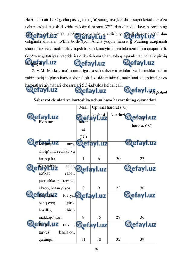  
78 
 
Havo harorati 17°C gacha pasayganda g‘o‘zaning rivojlanishi pasayib ketadi. G‘o‘za 
uchun ko‘sak tugish davrida maksimal harorat 37°C deb olinadi. Havo haroratining 
37°C dan oshib ketishi g‘o‘za to‘qimalarini qiz-dirib yuboradi, harorat 40°C dan 
oshganda shonalar to‘kila bosh-laydi. Ancha yuqori harorat g‘o‘zaning oziqlanish 
sharoitini susay-tiradi, tola chiqish foizini kamaytiradi va tola uzunligini qisqartiradi. 
G‘o‘za vegetatsiyasi vaqtida issiqlik etishmasa ham tola qisqaradi va unchalik pishiq 
bo‘lmaydi.  
2. V.M. Markov ma’lumotlariga asosan sabzavot ekinlari va kartoshka uchun 
zahira oziq to‘plash hamda shonalash fazasida minimal, maksimal va optimal havo 
haroratlari qiymatlari chegaralari 5.3-jadvalda keltirilgan: 
5.3-jadval 
Sabzavot ekinlari va kartoshka uchun havo haroratining qiymatlari 
Ekin turi 
Mini
mal 
haror
at 
(°C) 
Optimal harorat (°C) 
Maksimal 
harorat (°C) 
kechasi 
kunduzi 
Karam, 
turp, 
sholg‘om, rediska va 
boshqalar 
1 
6 
20 
27 
Kartoshka, 
salat, 
no‘xat, 
sabzi, 
petrushka, pasternak, 
ukrop, batun piyoz 
2 
9 
23 
30 
Pomidor, 
loviya, 
oshqovoq 
(yirik 
hosilli), 
shirin 
makkajo‘xori 
8 
15 
29 
36 
Bodring, 
qovun, 
tarvuz, 
baqlajon, 
qalampir 
11 
18 
32 
39 
