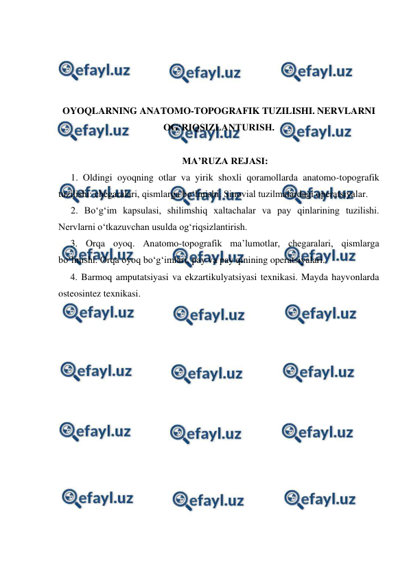  
 
 
 
 
 
OYOQLARNING ANATOMO-TOPOGRAFIK TUZILISHI. NERVLARNI 
OG‘RIQSIZLANTURISH.  
 
MA’RUZA REJASI: 
1. Oldingi oyoqning otlar va yirik shoxli qoramollarda anatomo-topografik 
tuzilishi: chegaralari, qismlarga bo‘linishi. Sinovial tuzilmalardagi operatsiyalar. 
2. Bo‘g‘im kapsulasi, shilimshiq xaltachalar va pay qinlarining tuzilishi. 
Nervlarni o‘tkazuvchan usulda og‘riqsizlantirish. 
3. Orqa oyoq. Anatomo-topografik ma’lumotlar, chegaralari, qismlarga 
bo‘linishi. Orqa oyoq bo‘g‘imlari, pay va pay qinining operatsiyalari. 
4. Barmoq amputatsiyasi va ekzartikulyatsiyasi texnikasi. Mayda hayvonlarda 
osteosintez texnikasi. 
 
 
 
 
 
 
 
 
 
 
 
 
 
 
