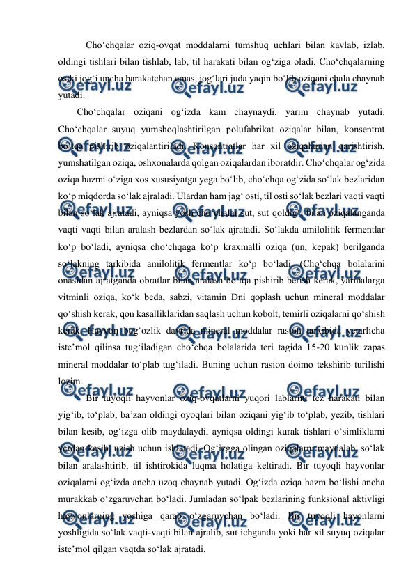  
 
 Cho‘chqalar oziq-ovqat moddalarni tumshuq uchlari bilan kavlab, izlab, 
oldingi tishlari bilan tishlab, lab, til harakati bilan og‘ziga oladi. Cho‘chqalarning 
ostki jog‘i uncha harakatchan emas, jog‘lari juda yaqin bo‘lib oziqani chala chaynab 
yutadi.  
Cho‘chqalar oziqani og‘izda kam chaynaydi, yarim chaynab yutadi. 
Cho‘chqalar suyuq yumshoqlashtirilgan polufabrikat oziqalar bilan, konsentrat 
bo‘tqa pishirib oziqalantiriladi. Konsentratlar har xil oziqalardan qarishtirish, 
yumshatilgan oziqa, oshxonalarda qolgan oziqalardan iboratdir. Cho‘chqalar og‘zida 
oziqa hazmi o‘ziga xos xususiyatga yega bo‘lib, cho‘chqa og‘zida so‘lak bezlaridan 
ko‘p miqdorda so‘lak ajraladi. Ulardan ham jag‘ osti, til osti so‘lak bezlari vaqti vaqti 
bilan so‘lak ajratadi, ayniqsa yosh cho‘chalar sut, sut qoldig‘i bilan oziqalanganda 
vaqti vaqti bilan aralash bezlardan so‘lak ajratadi. So‘lakda amilolitik fermentlar 
ko‘p bo‘ladi, ayniqsa cho‘chqaga ko‘p kraxmalli oziqa (un, kepak) berilganda 
so‘lakning tarkibida amilolitik fermentlar ko‘p bo‘ladi. (Cho‘chqa bolalarini 
onasidan ajratganda obratlar bilan aralash bo‘tqa pishirib berish kerak, yarmalarga 
vitminli oziqa, ko‘k beda, sabzi, vitamin Dni qoplash uchun mineral moddalar 
qo‘shish kerak, qon kasalliklaridan saqlash uchun kobolt, temirli oziqalarni qo‘shish 
kerak. Hayvon bug‘ozlik davrida mineral moddalar rasion tarkibida yetarlicha 
iste’mol qilinsa tug‘iladigan cho‘chqa bolalarida teri tagida 15-20 kunlik zapas 
mineral moddalar to‘plab tug‘iladi. Buning uchun rasion doimo tekshirib turilishi 
lozim. 
 Bir tuyoqli hayvonlar oziq-ovqatlarni yuqori lablarini tez harakati bilan 
yig‘ib, to‘plab, ba’zan oldingi oyoqlari bilan oziqani yig‘ib to‘plab, yezib, tishlari 
bilan kesib, og‘izga olib maydalaydi, ayniqsa oldingi kurak tishlari o‘simliklarni 
yerdan kesib, uzish uchun ishlatadi. Og‘izgga olingan oziqalarni maydalab, so‘lak 
bilan aralashtirib, til ishtirokida luqma holatiga keltiradi. Bir tuyoqli hayvonlar 
oziqalarni og‘izda ancha uzoq chaynab yutadi. Og‘izda oziqa hazm bo‘lishi ancha 
murakkab o‘zgaruvchan bo‘ladi. Jumladan so‘lpak bezlarining funksional aktivligi 
hayvonlarning yoshiga qarab o‘zgaruvchan bo‘ladi. Bir tuyoqli hayonlarni 
yoshligida so‘lak vaqti-vaqti bilan ajralib, sut ichganda yoki har xil suyuq oziqalar 
iste’mol qilgan vaqtda so‘lak ajratadi. 
