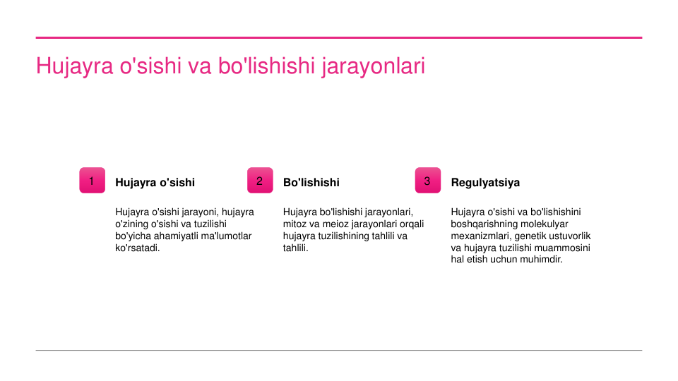 Hujayra o'sishi va bo'lishishi jarayonlari
1
Hujayra o'sishi
Hujayra o'sishi jarayoni, hujayra 
o'zining o'sishi va tuzilishi 
bo'yicha ahamiyatli ma'lumotlar 
ko'rsatadi.
2
Bo'lishishi
Hujayra bo'lishishi jarayonlari, 
mitoz va meioz jarayonlari orqali 
hujayra tuzilishining tahlili va 
tahlili.
3
Regulyatsiya
Hujayra o'sishi va bo'lishishini 
boshqarishning molekulyar 
mexanizmlari, genetik ustuvorlik 
va hujayra tuzilishi muammosini 
hal etish uchun muhimdir.
