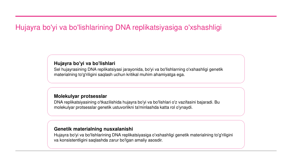 Hujayra bo'yi va bo'lishlarining DNA replikatsiyasiga o'xshashligi
Hujayra bo'yi va bo'lishlari
Sel hujayrasining DNA replikatsiyasi jarayonida, bo'yi va bo'lishlarning o'xshashligi genetik 
materialning to'g'riligini saqlash uchun kritikal muhim ahamiyatga ega.
Molekulyar protsesslar
DNA replikatsiyasining o'tkazilishida hujayra bo'yi va bo'lishlari o'z vazifasini bajaradi. Bu 
molekulyar protsesslar genetik ustuvorlikni ta'minlashda katta rol o'ynaydi.
Genetik materialning nusxalanishi
Hujayra bo'yi va bo'lishlarining DNA replikatsiyasiga o'xshashligi genetik materialning to'g'riligini 
va konsistentligini saqlashda zarur bo'lgan amaliy asosdir.
