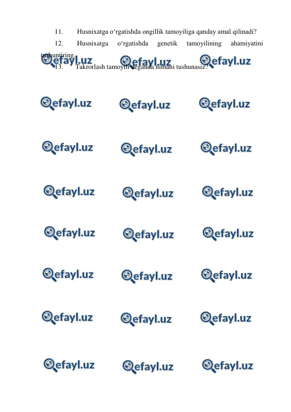  
 
11. 
 Husnixatga o‘rgatishda ongillik tamoyiliga qanday amal qilinadi? 
12. 
 Husnixatga 
o‘rgatishda 
genetik 
tamoyilining 
ahamiyatini 
tushuntiring. 
13. 
Takrorlash tamoyili deganda nimani tushunasiz? 
 
