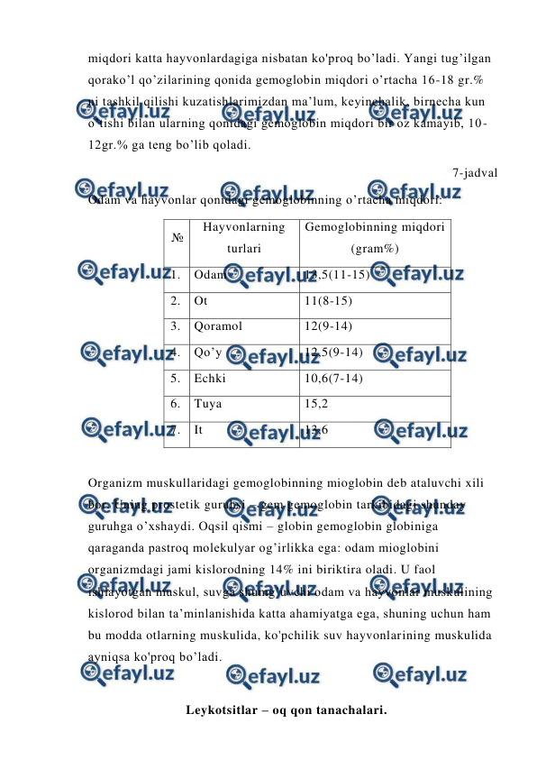  
 
miqdori katta hayvonlardagiga nisbatan ko'proq bo’ladi. Yangi tug’ilgan 
qorako’l qo’zilarining qonida gemoglobin miqdori o’rtacha 16-18 gr.% 
ni tashkil qilishi kuzatishlarimizdan ma’lum, keyinchalik, birnecha kun 
o’tishi bilan ularning qonidagi gemoglobin miqdori bir oz kamayib, 10-
12gr.% ga teng bo’lib qoladi.  
                                                                    7-jadval 
Odam va hayvonlar qonidagi gemoglobinning o’rtacha miqdori:  
№ 
Hayvonlarning 
turlari 
Gemoglobinning miqdori 
(gram%) 
1. 
 
Odam 
13,5(11-15) 
2. 
 
Ot 
11(8-15) 
3. 
 
Qoramol 
12(9-14) 
4. 
 
Qo’y 
12,5(9-14) 
5. 
 
Echki 
10,6(7-14) 
6. 
 
Tuya  
15,2 
7. 
 
It 
13,6 
 
Organizm muskullaridagi gemoglobinning mioglobin deb ataluvchi xili 
bor. Uning prostetik guruhsi – gem gemoglobin tarkibidagi shunday 
guruhga o’xshaydi. Oqsil qismi – globin gemoglobin globiniga 
qaraganda pastroq molekulyar og’irlikka ega: odam mioglobini 
organizmdagi jami kislorodning 14% ini biriktira oladi. U faol 
ishlayotgan muskul, suvga shumg’uvchi odam va hayvonlar muskulining 
kislorod bilan ta’minlanishida katta ahamiyatga ega, shuning uchun ham 
bu modda otlarning muskulida, ko'pchilik suv hayvonlarining muskulida  
ayniqsa ko'proq bo’ladi.  
 
Leykotsitlar – oq qon tanachalari. 
 

