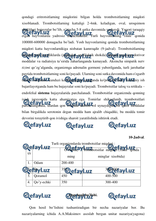  
 
qondagi eritrotsitlarning miqdorini bilgan holda trombotsitlarning miqdori 
xisoblanadi. Trombotsitlarning kattaligi 2-4mk. keladigan, oval, uroqsimon 
shakldagi hujayralar bo’lib, o’rtacha 5-8 sutka davomida yashaydi. Yuqori taraqqiy 
etgan hayvonlarda yadrosiz donachalardir. Turli hayvonlarning 1mm3 qonida 
100000-600000 donagacha bo’ladi. Yosh hayvonlarning qonida trombotsitlarning 
miqdori katta hayvonlarnikiga nisbatan kamroqdir (9-jadval). Trombotsitlarning 
miqdori turli kasalliklarda (jumladan, anofilaktik shokda), hamda organizm dorivor 
moddalar va radiatsiya ta’sirida zaharlanganda kamayadi. Aksincha simpatik nerv 
tizimi qo’zg’alganda, organizmga adrenalin gormoni yuborilganda, turli jarohatlar 
paytida trombotsitlarning soni ko'payadi. Ularning soni sutka davomida ham o'zgarib 
turadi. Jumladan, kunduzi kechagidagiga qaraganda ko'proq bo’ladi.  Jismoniy ish 
bajarilayotganda ham bu hujayralar soni ko'payadi. Trombotsitlar taloq va retikula – 
endofelial sistema hujayralarida parchalanadi. Trombotsitlar organizmda qonning 
ivish jarayonida katta ahamiyatga ega. Tomirlar shikastlanib, trombotsitlari 
parchalanganda, ulardan qon ivishida muhim rol uynaydigan bir qator moddalar 
bilan birgalikda serotonin degan modda ham ajralib chiqadiki, bu modda tomir 
devorini toraytirib qon ivishiga sharoit yaratilishida ishtirok etadi.  
 
 
10-Jadval. 
Turli organizmlarda trombotsitlar miqdori : 
t/r 
 
O’rtacha, 
ming 
Trombotsitlar  miqdori (1mm3  qonda 
minglar  xisobida) 
1. Odam 
200-400 
 
2. Ot 
350 
300-400 
3. Qoramol 
450 
400-500 
4. Qo’y-echki 
350 
300-400 
 
Qon hosil bo’lishi. 
 
Qon hosil bo’lishini tushuntiradigan bir necha nazariyalar bor. Bu 
nazariyalarning ichida A.A.Maksimov asoslab bergan unitar nazariya(yagona) 
