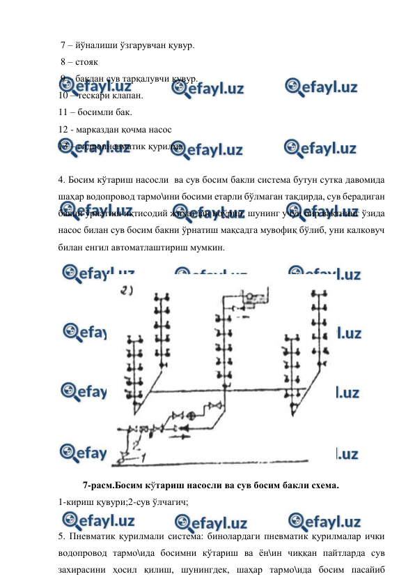  
 
 7 – йўналиши ўзгарувчан қувур. 
 8 – стояк 
 9 – бакдан сув тарқалувчи қувур. 
10 – тескари клапан. 
11 – босимли бак. 
12 - марказдан қочма насос 
13 – гидропневматик қурилма 
 
4. Босим кўтариш насосли  ва сув босим бакли система бутун сутка давомида 
шаҳар водопровод тармо\ини босими етарли бўлмаган тақдирда, сув берадиган 
бакни ўрнатиш иқтисодий жиҳатдан ноўрин, шунинг учун бир вақтнинг ўзида 
насос билан сув босим бакни ўрнатиш мақсадга мувофиқ бўлиб, уни калковуч 
билан енгил автоматлаштириш мумкин.  
 
 
 
7-расм.Босим кўтариш насосли ва сув босим бакли схема. 
1-кириш қувури;2-сув ўлчагич; 
 
5. Пневматик қурилмали система: бинолардаги пневматик қурилмалар ички 
водопровод тармо\ида босимни кўтариш ва ён\ин чиққан пайтларда сув 
захирасини ҳосил қилиш, шунингдек, шаҳар тармо\ида босим пасайиб 
