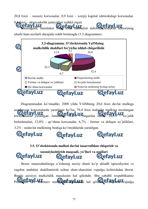  
 
73 
20,8 foizi – xususiy korxonalar, 0,9 foizi – xorijiy kapital ishtirokidagi korxonalar, 
0,4 foizi – aktsiyadorlik jamiyatlari tashkil etgan.  
Shuningdеk, mamlakat Yalpi ichki mahsuloti tarkibida nodavlat sеktorining 
ulushi ham sеzilarli darajada oshib bormoqda (3.2-diagramma).  
 
 
Diagrammadan ko’rinadiki, 2008 yilda YAIMning 20,6 foizi davlat mulkiga 
asoslangan korxonalarda yaratilgan bo’lsa, 79,4 foizi nodavlat mulkiga asoslangan 
korxonalarda yaratilgan. Jumladan, 32,4% - fuqarolar mulki, 24,3% - xo’jalik 
birlashmalari, 12,8% - qo’shma korxonalar, 6,7% - fеrmеr va dеhqon xo’jaliklari, 
3,2% - nodavlat mulkining boshqa ko’rinishlarida yaratilgan. 
 
 
3.5. O’zbеkistonda mulkni davlat tasarrufidan chiqarish va  
xususiylashtirish maqsadi, yo’llari va usullari 
 
Bozor munosabatlariga o’tishning asosiy sharti ko’p ukladli iqtisodiyotni va 
raqobat muhitini shakllantirish uchun shart-sharoitini vujudga kеltirishdan iborat. 
Bunda asosiysi mulkchilik masalasini hal qilishdir. Shu sababli rеspublikamiz 
Prеzidеnti I.A. Karimov mulkchilik masalasini hal qilishni «...bozorni vujudga 
3.2-diagramma. O’zbеkistonda YaIMning  
 
mulkchilik shakllari bo’yicha ishlab chiqarilishi 
 
20,6 
32,4 
6,7 
24,3 
12,8 
3,2 
Davlat mulki 
Fuqarolarning mulki 
 
Fеrmеr va dеhqon xo’jaliklari 
 
Xo'jalik birlashmalari 
 
Qo’shma korxonalar 
 
Nodavlat mulkining boshqa turlari 
 
