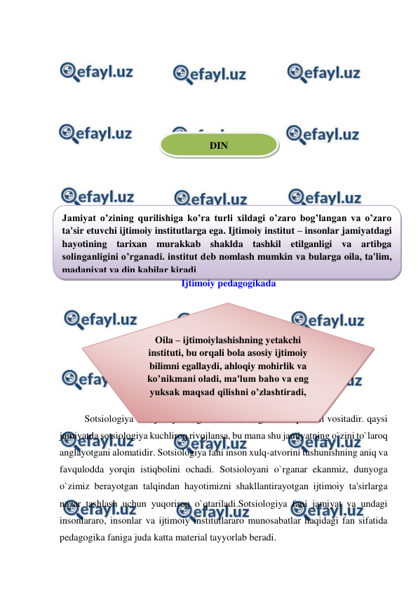  
 
 
 
 
 
 
 
 
 
 
 
 
 
 
 
Ijtimoiy pedagogikada 
 
 
 
 
 
 
 
Sotsiologiya fani jamiyatning o`zini-o`zi anglashida qudratli vositadir. qaysi 
jamiyatda sotsiologiya kuchliroq rivojlansa, bu mana shu jamiyatning o`zini to`laroq 
anglayotgani alomatidir. Sotsiologiya fani inson xulq-atvorini tushunishning aniq va 
favqulodda yorqin istiqbolini ochadi. Sotsioloyani o`rganar ekanmiz, dunyoga 
o`zimiz berayotgan talqindan hayotimizni shakllantirayotgan ijtimoiy ta'sirlarga 
nazar tashlash uchun yuqoriroq o`qtariladi.Sotsiologiya fani jamiyat va undagi 
insonlararo, insonlar va ijtimoiy institutlararo munosabatlar haqidagi fan sifatida 
pedagogika faniga juda katta material tayyorlab beradi. 
DIN 
Jamiyat o’zining qurilishiga ko’ra turli xildagi o’zaro bog’langan va o’zaro 
ta'sir etuvchi ijtimoiy institutlarga ega. Ijtimoiy institut – insonlar jamiyatdagi 
hayotining tarixan murakkab shaklda tashkil etilganligi va artibga 
solinganligini o’rganadi. institut dеb nomlash mumkin va bularga oila, ta'lim, 
madaniyat va din kabilar kiradi  
Oila – ijtimoiylashishning yеtakchi 
instituti, bu orqali bola asosiy ijtimoiy 
bilimni egallaydi, ahloqiy mohirlik va 
ko’nikmani oladi, ma'lum baho va eng 
yuksak maqsad qilishni o’zlashtiradi,  
