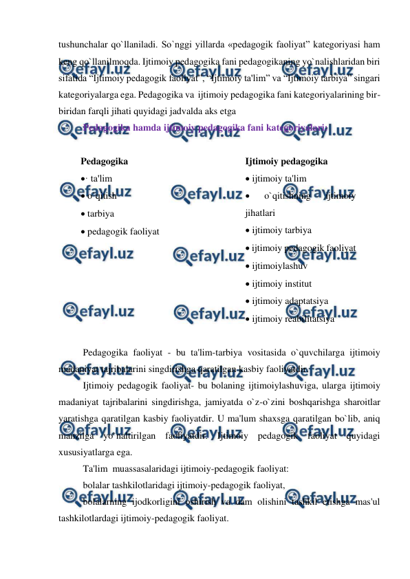  
 
tushunchalar qo`llaniladi. So`nggi yillarda «pedagogik faoliyat” kategoriyasi ham 
keng qo`llanilmoqda. Ijtimoiy pedagogika fani pedagogikaning yo`nalishlaridan biri 
sifatida “Ijtimoiy pedagogik faoliyat”, “Ijtimoiy ta'lim” va “Ijtimoiy tarbiya” singari 
kategoriyalarga ega. Pedagogika va  ijtimoiy pedagogika fani kategoriyalarining bir-
biridan farqli jihati quyidagi jadvalda aks etga 
Pedagogika hamda ijtimoiy pedagogika fani kategoriyalari: 
 
Pedagogika 
Ijtimoiy pedagogika 
· ta'lim 
 o`qitish 
 tarbiya 
 pedagogik faoliyat 
 ijtimoiy ta'lim 
 
o`qitishning 
ijtimoiy 
jihatlari 
 ijtimoiy tarbiya 
 ijtimoiy pedagogik faoliyat 
 ijtimoiylashuv 
 ijtimoiy institut 
 ijtimoiy adaptatsiya 
 ijtimoiy reabilitatsiya 
 
 
Pedagogika faoliyat - bu ta'lim-tarbiya vositasida o`quvchilarga ijtimoiy 
madaniyat tajribalarini singdirishga qaratilgan kasbiy faoliyatdir. 
 
Ijtimoiy pedagogik faoliyat- bu bolaning ijtimoiylashuviga, ularga ijtimoiy 
madaniyat tajribalarini singdirishga, jamiyatda o`z-o`zini boshqarishga sharoitlar 
yaratishga qaratilgan kasbiy faoliyatdir. U ma'lum shaxsga qaratilgan bo`lib, aniq 
manzilga yo`naltirilgan faoliyatdir. Ijtimoiy pedagogik faoliyat quyidagi 
xususiyatlarga ega. 
Ta'lim  muassasalaridagi ijtimoiy-pedagogik faoliyat: 
 bolalar tashkilotlaridagi ijtimoiy-pedagogik faoliyat, 
 bolalarning ijodkorligini oshirish va dam olishini tashkil etishga mas'ul 
tashkilotlardagi ijtimoiy-pedagogik faoliyat.  
