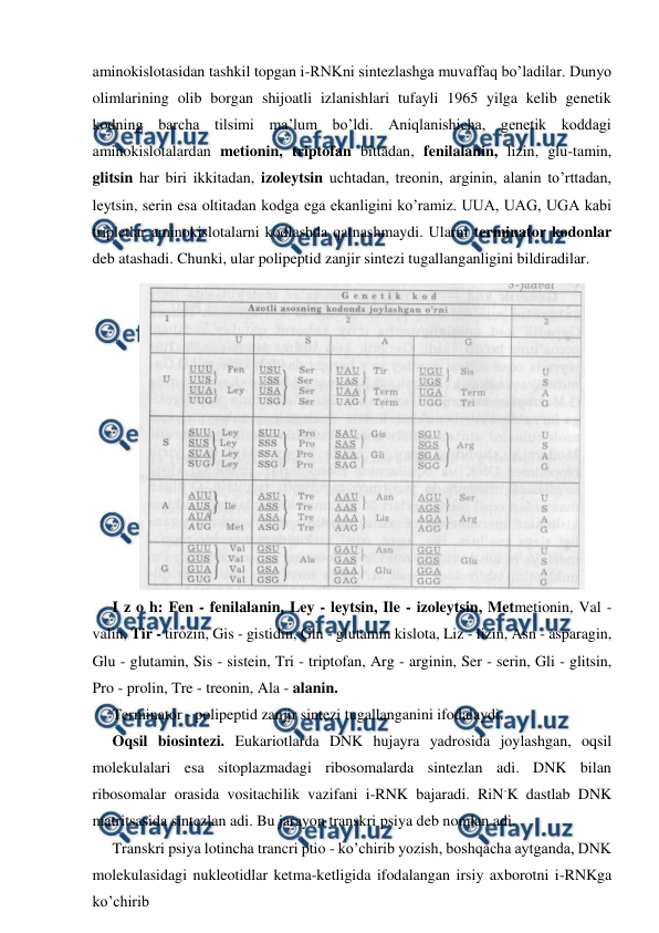  
 
aminokislotasidan tashkil topgan i-RNKni sintezlashga muvaffaq bo’ladilar. Dunyo 
olimlarining olib borgan shijoatli izlanishlari tufayli 1965 yilga kelib genetik 
kodning barcha tilsimi ma’lum bo’ldi. Aniqlanishicha, genetik koddagi 
aminokislotalardan metionin, triptofan bittadan, fenilalanin, lizin, glu-tamin, 
glitsin har biri ikkitadan, izoleytsin uchtadan, treonin, arginin, alanin to’rttadan, 
leytsin, serin esa oltitadan kodga ega ekanligini ko’ramiz. UUA, UAG, UGA kabi 
tripletlar aminokislotalarni kodlashda qatnashmaydi. Ularni terminator kodonlar 
deb atashadi. Chunki, ular polipeptid zanjir sintezi tugallanganligini bildiradilar. 
 
I z o h: Fen - fenilalanin, Ley - leytsin, Ile - izoleytsin, Metmetionin, Val - 
valin, Tir - tirozin, Gis - gistidin, Gln - glutamin kislota, Liz - lizin, Asn - asparagin, 
Glu - glutamin, Sis - sistein, Tri - triptofan, Arg - arginin, Ser - serin, Gli - glitsin, 
Pro - prolin, Tre - treonin, Ala - alanin. 
Terminator - polipeptid zanjir sintezi tugallanganini ifodalaydi. 
Oqsil biosintezi. Eukariotlarda DNK hujayra yadrosida joylashgan, oqsil 
molekulalari esa sitoplazmadagi ribosomalarda sintezlan adi. DNK bilan 
ribosomalar orasida vositachilik vazifani i-RNK bajaradi. RiN-K dastlab DNK 
matritsasida sintezlan adi. Bu jarayon transkri psiya deb nomlan adi. 
Transkri psiya lotincha trancri ptio - ko’chirib yozish, boshqacha aytganda, DNK 
molekulasidagi nukleotidlar ketma-ketligida ifodalangan irsiy axborotni i-RNKga 
ko’chirib 
