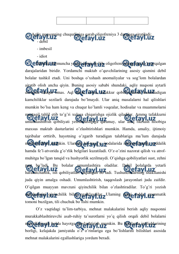  
 
 
 
Aqliy nuqsonning chuqurligiga qarab oligofreniya 3 darajaga ajratiladi; 
- debil 
- imbesil 
- idiot 
Debillik -birmuncha yengil daraja bo’lib, oligofreniyaning eng ko’p tarqalgan 
darajalaridan biridir. Yordamchi maktab o’quvchilarining asosiy qismini debil 
bolalar tashkil etadi. Uni boshqa o’xshash anomaliyalar va sog’lom bolalardan 
ajratib olish ancha qiyin. Buning asosiy sababi shundaki, aqliy nuqsoni aytarli 
darajada chuqur emas. Aql idrok, xotira, tafakkur qobiliyatlarida kuzatiladigan 
kamchiliklar sezilarli darajada bo’lmaydi. Ular aniq masalalarni hal qilishlari 
mumkin bo’lsa ham keng va chuqur ko’lamli voqealar, hodisalar va muammolarni 
mustaqil tahlil etib to’g’ri xulosa chiqarishga ojizlik qiladilar. Ammo tafakkurni 
umumlashtirish qobiliyati yetishmasligiga qaramay, ular aniq fikrlash hisobiga 
maxsus maktab dasturlarini o’zlashtirishlari mumkin. Hamda, amaliy, ijtimoiy 
tajribalar orttirib, hayotning o’zgarib turadigan talablariga ma’lum darajada 
moslashishlari mumkin. Ularning his-tuyg’u, irodalarida ishonuvchanlik, soddalik 
hamda fe’l-atvorida g’o’rlik belgilari kuzatiladi. O’z-o’zini nazorat qilish va atrof-
muhitga bo’lgan tanqid va hushyorlik sezilmaydi. O’qishga qobiliyatlari sust, zehni 
past bo’ladi. Bu bolalar umumlashtira oladilar. Debil bolalarda yetarli 
harakatchanlik, ish qobiliyatlari saqlangan bo’ladi. Tushunchalarning shakllanishi 
juda qiyin amalga oshadi. Umumlashtirish, taqqoslash jarayonlari juda zaifdir. 
O’qilgan muayyan mavzuni qiyinchilik bilan o’zlashtiradilar. To’g’ri yozish 
malakalarini qiyinchilik bilan egalklaydilar. Ularning nutqi sodda, grammatik 
tomoni buzilgan, tili chuchuk bo’lishi mumkin. 
O’z vaqtidagi ta’lim-tarbiya, mehnat malakalarini berish aqliy nuqsonni 
murakkablashtiruvchi asab-ruhiy ta’surotlarni yo’q qilish orqali debil bolalarni 
muvaffaqiyatli holda hayotga moslashtirish mumkin. Bu bolalarda intilishlarining 
borligi, kelajakda jamiyatda o’z o’rinlariga ega bo’lishlarini bilishlari asosida 
mehnat malakalarini egallashlariga yordam beradi. 
