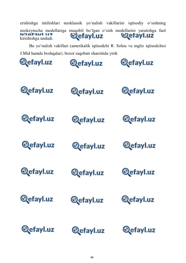 10 
 
 
erishishga intilishlari neoklassik yo‘nalish vakillarini iqtisodiy o‘sishning 
neokeynscha modellariga muqobil bo‘lgan o‘sish modellarini yaratishga faol 
kirishishga undadi. 
Bu yo‘nalish vakillari (amerikalik iqtisodchi R. Solou va ingliz iqtisodchisi 
J.Mid hamda boshqalar), bozor raqobati sharoitida yirik 
