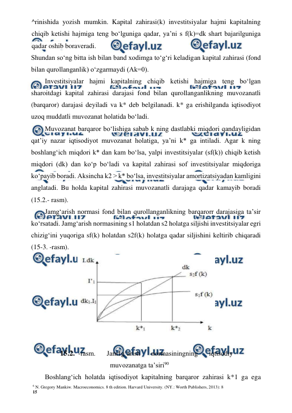 6 N. Gregory Mankiw. Macroeconomics. 8 th edition. Harvard University. (NY.: Worth Publishers, 2013): 8 
15 
 
 
^rinishida yozish mumkin. Kapital zahirasi(k) investitsiyalar hajmi kapitalning 
chiqib ketishi hajmiga teng bo‘lguniga qadar, ya’ni s f(k)=dk shart bajarilguniga 
qadar oshib boraveradi. 
Shundan so‘ng bitta ish bilan band xodimga to‘g‘ri keladigan kapital zahirasi (fond 
bilan qurollanganlik) o‘zgarmaydi (Ak=0). 
Investitsiyalar hajmi kapitalning chiqib ketishi hajmiga teng bo‘lgan 
sharoitdagi kapital zahirasi darajasi fond bilan qurollanganlikning muvozanatli 
(barqaror) darajasi deyiladi va k* deb belgilanadi. k* ga erishilganda iqtisodiyot 
uzoq muddatli muvozanat holatida bo‘ladi. 
Muvozanat barqaror bo‘lishiga sabab k ning dastlabki miqdori qandayligidan 
qat’iy nazar iqtisodiyot muvozanat holatiga, ya’ni k* ga intiladi. Agar k ning 
boshlang‘ich miqdori k* dan kam bo‘lsa, yalpi investitsiyalar (sf(k)) chiqib ketish 
miqdori (dk) dan ko‘p bo‘ladi va kapital zahirasi sof investitsiyalar miqdoriga 
ko‘payib boradi. Aksincha k2 > k* bo‘lsa, investitsiyalar amortizatsiyadan kamligini 
anglatadi. Bu holda kapital zahirasi muvozanatli darajaga qadar kamayib boradi 
(15.2.- rasm). 
Jamg‘arish normasi fond bilan qurollanganlikning barqarorr darajasiga ta’sir 
ko‘rsatadi. Jamg‘arish normasining s1 holatdan s2 holatga siljishi investitsiyalar egri 
chizig‘ini yuqoriga sf(k) holatdan s2f(k) holatga qadar siljishini keltirib chiqaradi 
(15-3. -rasm). 
 
15.2. -rasm. 
Jam1g‘arish 
normasiningning 
iqtisodiy 
muvozanatga ta’siri90 
Boshlang‘ich holatda iqtisodiyot kapitalning barqaror zahirasi k*1 ga ega 
 
