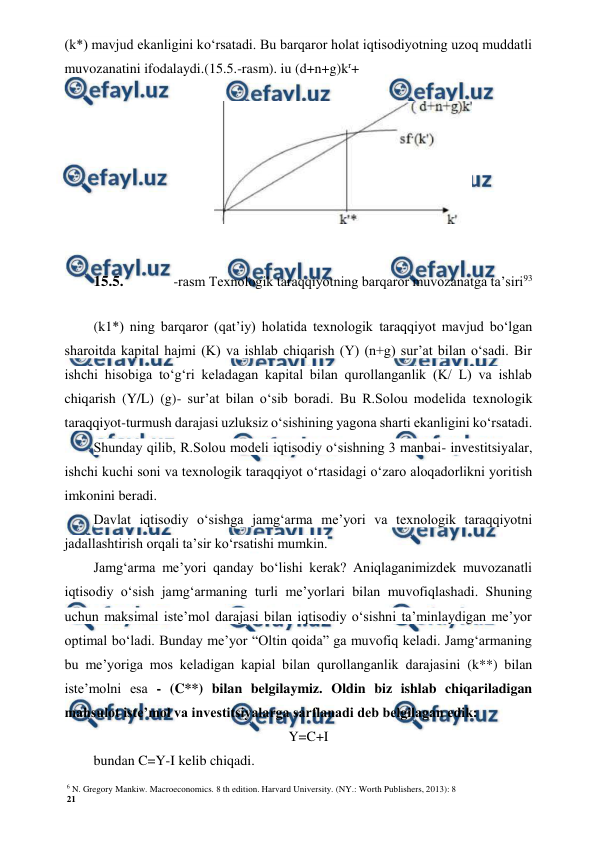 6 N. Gregory Mankiw. Macroeconomics. 8 th edition. Harvard University. (NY.: Worth Publishers, 2013): 8 
21 
 
 
(k*) mavjud ekanligini ko‘rsatadi. Bu barqaror holat iqtisodiyotning uzoq muddatli 
muvozanatini ifodalaydi.(15.5.-rasm). iu (d+n+g)kr+ 
 
15.5. 
-rasm Texnologik taraqqiyotning barqaror muvozanatga ta’siri93 
(k1*) ning barqaror (qat’iy) holatida texnologik taraqqiyot mavjud bo‘lgan 
sharoitda kapital hajmi (K) va ishlab chiqarish (Y) (n+g) sur’at bilan o‘sadi. Bir 
ishchi hisobiga to‘g‘ri keladagan kapital bilan qurollanganlik (K/ L) va ishlab 
chiqarish (Y/L) (g)- sur’at bilan o‘sib boradi. Bu R.Solou modelida texnologik 
taraqqiyot-turmush darajasi uzluksiz o‘sishining yagona sharti ekanligini ko‘rsatadi. 
Shunday qilib, R.Solou modeli iqtisodiy o‘sishning 3 manbai- investitsiyalar, 
ishchi kuchi soni va texnologik taraqqiyot o‘rtasidagi o‘zaro aloqadorlikni yoritish 
imkonini beradi. 
Davlat iqtisodiy o‘sishga jamg‘arma me’yori va texnologik taraqqiyotni 
jadallashtirish orqali ta’sir ko‘rsatishi mumkin. 
Jamg‘arma me’yori qanday bo‘lishi kerak? Aniqlaganimizdek muvozanatli 
iqtisodiy o‘sish jamg‘armaning turli me’yorlari bilan muvofiqlashadi. Shuning 
uchun maksimal iste’mol darajasi bilan iqtisodiy o‘sishni ta’minlaydigan me’yor 
optimal bo‘ladi. Bunday me’yor “Oltin qoida” ga muvofiq keladi. Jamg‘armaning 
bu me’yoriga mos keladigan kapial bilan qurollanganlik darajasini (k**) bilan 
iste’molni esa - (C**) bilan belgilaymiz. Oldin biz ishlab chiqariladigan 
mahsulot iste’mol va investitsiyalarga sarflanadi deb belgilagan edik: 
Y=C+I 
bundan C=Y-I kelib chiqadi. 
 
