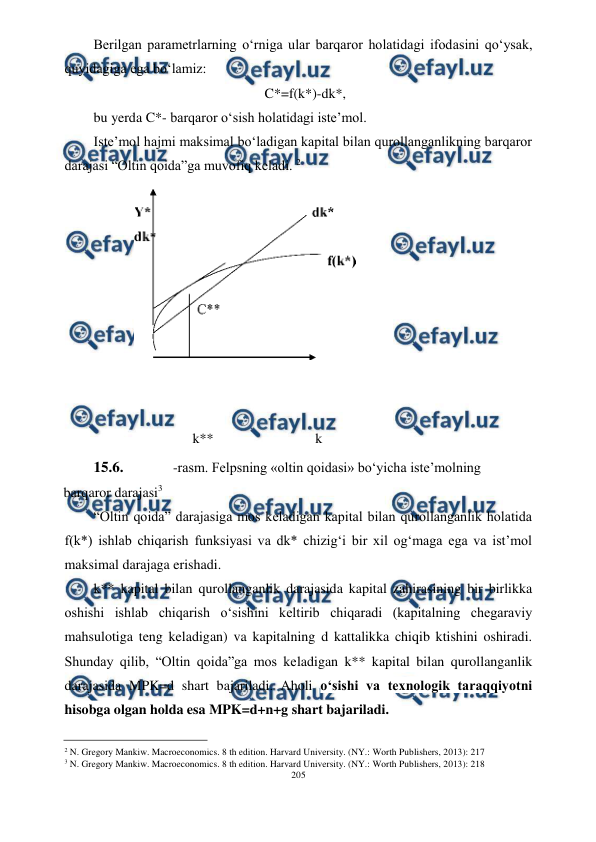  
 
Berilgan parametrlarning o‘rniga ular barqaror holatidagi ifodasini qo‘ysak, 
quyidagiga ega bo‘lamiz: 
C*=f(k*)-dk*, 
bu yerda C*- barqaror o‘sish holatidagi iste’mol. 
Iste’mol hajmi maksimal bo‘ladigan kapital bilan qurollanganlikning barqaror 
darajasi “Oltin qoida”ga muvofiq keladi. 2 
 
k** 
k 
15.6. 
-rasm. Felpsning «oltin qoidasi» bo‘yicha iste’molning 
barqaror darajasi3 
“Oltin qoida” darajasiga mos keladigan kapital bilan qurollanganlik holatida 
f(k*) ishlab chiqarish funksiyasi va dk* chizig‘i bir xil og‘maga ega va ist’mol 
maksimal darajaga erishadi. 
k** kapital bilan qurollanganlik darajasida kapital zahirasining bir birlikka 
oshishi ishlab chiqarish o‘sishini keltirib chiqaradi (kapitalning chegaraviy 
mahsulotiga teng keladigan) va kapitalning d kattalikka chiqib ktishini oshiradi. 
Shunday qilib, “Oltin qoida”ga mos keladigan k** kapital bilan qurollanganlik 
darajasida MPK=d shart bajariladi. Aholi o‘sishi va texnologik taraqqiyotni 
hisobga olgan holda esa MPK=d+n+g shart bajariladi. 
                     
2 N. Gregory Mankiw. Macroeconomics. 8 th edition. Harvard University. (NY.: Worth Publishers, 2013): 217 
3 N. Gregory Mankiw. Macroeconomics. 8 th edition. Harvard University. (NY.: Worth Publishers, 2013): 218 
205 
 
