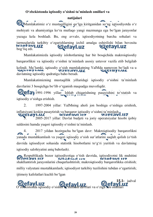 28 
 
 
O‘zbekistonda iqtisodiy o’sishni ta’minlash omillari va 
natijalari 
Mamlakatimiz o‘z mustaqilligini qo‘lga kiritganidan so‘ng iqtisodiyotda o‘z 
mohiyati va ahamiyatiga ko‘ra mutlaqo yangi mazmunga ega bo‘lgan jarayonlar 
yuzaga kela boshladi. Bu, eng avvalo, iqtisodiyotning barcha sohalari va 
tarmoqlarida tarkibiy o‘zgarishlarning izchil amalga oshirilishi bilan bevosita 
bog‘liq edi. 
Mamlakatimizda iqtisodiy islohotlarning har bir bosqichida makroiqtisodiy 
barqarorlikni va iqtisodiy o‘sishni ta’minlash asosiy ustuvor vazifa etib belgilab 
kelindi. Ma’lumki, iqtisodiy o‘sish mamlakatning YalMda namoyon bo‘ladi va u 
davlatning iqtisodiy qudratiga baho beradi. 
Mamlakatimizning mustaqillik yillaridagi iqtisodiy o‘sishni ta’minlash 
davrlarini 3 bosqichga bo‘lib o‘rganish maqsadga muvofiqdir. 
1. 
 1991-1996 yillar: Ishlab chiqarishning pasayishini to‘xtatish va 
iqtisodiy o‘sishga erishish. 
2. 
 1997-2004 yillar: YaIMning aholi jon boshiga o‘sishiga erishish, 
inflatsiyani keskin pasaytirish va barqaror iqtisodiy o‘sishni ta’minlash. 
3. 
 2005-2017 yillar: Davlat budjeti va joriy operatsiyalar hisobi ijobiy 
saldosini hamda yuqori iqtisodiy o‘sishni ta’minlash. 
4. 
 2017 yildan hozirgacha bo‘lgan davr: Makroiqtisodiy barqarorlikni 
yanada mustahkamlash va yuqori iqtisodiy o‘sish sur’atlarini saqlab qolish (o‘tish 
davrida iqtisodiyot sohasida statistik hisobotlarni to‘g‘ri yuritish va davlatning 
iqtisodiy salohiyatini aniq baholash). 
Respublikada bozor iqtisodiyotiga o‘tish davrida, iqtisodiyotni lik muhitini 
shakllantirish jarayonlarini chuqurlashtirish; makroiqtisodiy barqarorlikka erishish; 
milliy valyutani mustahkamlash; iqtisodiyot tarkibiy tuzilishini tubdan o‘zgartirish; 
ijtimoiy kafolatlari kuchli bo‘lgan 
15.1- jadval 
O‘zbekistonda iqtisodiy o‘sishni ta’minlash davrlari va o‘ziga xos omillari 
