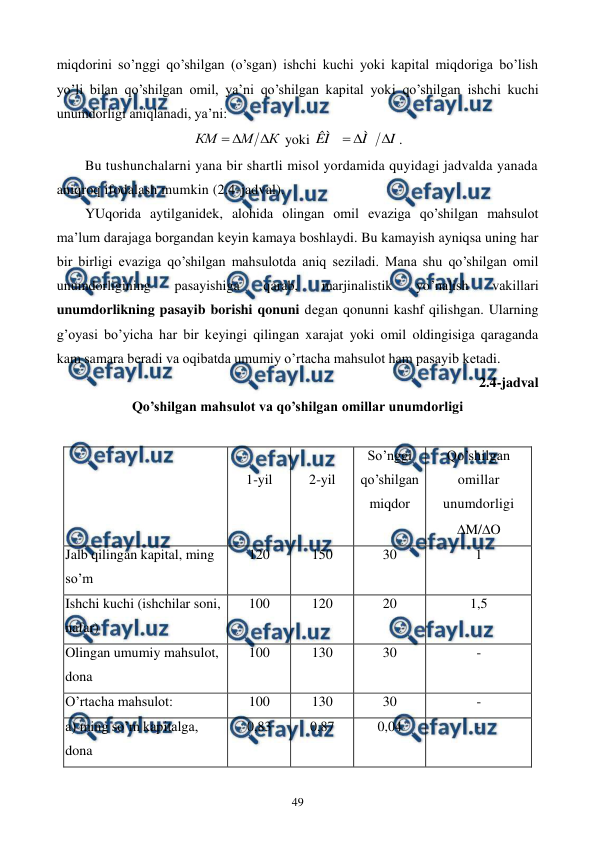  
 
49 
miqdorini so’nggi qo’shilgan (o’sgan) ishchi kuchi yoki kapital miqdoriga bo’lish 
yo’li bilan qo’shilgan omil, ya’ni qo’shilgan kapital yoki qo’shilgan ishchi kuchi 
unumdorligi aniqlanadi, ya’ni: 
К
М
КМ



 yoki 
I
Ì
ÊÌ



. 
Bu tushunchalarni yana bir shartli misol yordamida quyidagi jadvalda yanada 
aniqroq ifodalash mumkin (2.4-jadval).  
YUqorida aytilganidеk, alohida olingan omil evaziga qo’shilgan mahsulot 
ma’lum darajaga borgandan kеyin kamaya boshlaydi. Bu kamayish ayniqsa uning har 
bir birligi evaziga qo’shilgan mahsulotda aniq sеziladi. Mana shu qo’shilgan omil 
unumdorligining 
pasayishiga 
qarab, 
marjinalistik 
yo’nalish 
vakillari 
unumdorlikning pasayib borishi qonuni dеgan qonunni kashf qilishgan. Ularning 
g’oyasi bo’yicha har bir kеyingi qilingan xarajat yoki omil oldingisiga qaraganda 
kam samara bеradi va oqibatda umumiy o’rtacha mahsulot ham pasayib kеtadi. 
2.4-jadval  
Qo’shilgan mahsulot va qo’shilgan omillar unumdorligi 
 
 
 
1-yil 
 
2-yil 
So’nggi 
qo’shilgan 
miqdor 
Qo’shilgan 
omillar 
unumdorligi 
M/O 
Jalb qilingan kapital, ming 
so’m  
120 
150 
30 
1 
Ishchi kuchi (ishchilar soni, 
nafar) 
100 
120 
20 
1,5 
Olingan umumiy mahsulot, 
dona 
100 
130 
30 
- 
O’rtacha mahsulot: 
100 
130 
30 
- 
a) ming so’m kapitalga, 
dona 
0,83 
0,87 
0,04 
- 
