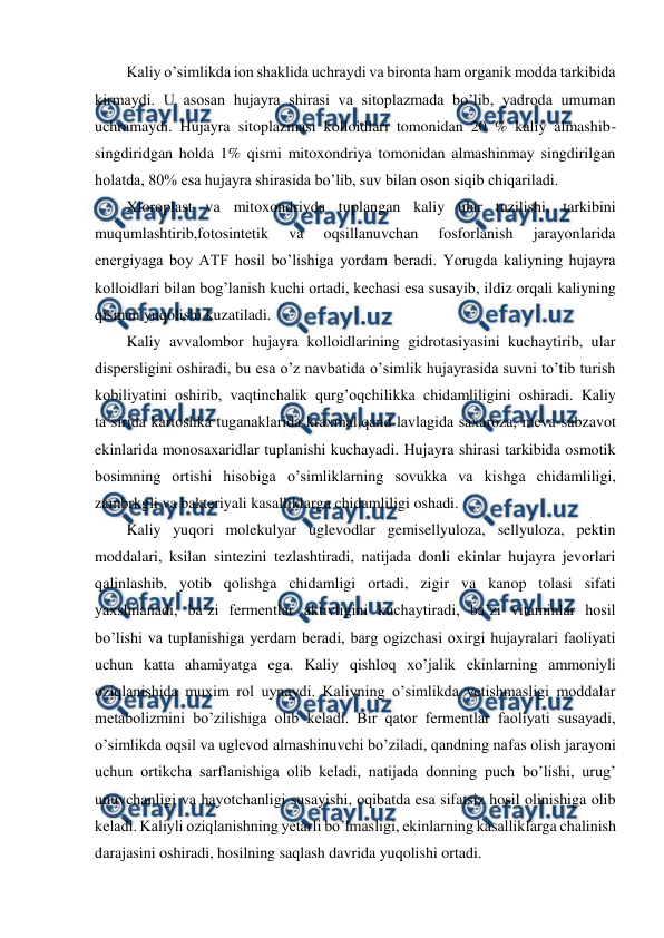  
 
Kaliy o’simlikda ion shaklida uchraydi va bironta ham organik modda tarkibida 
kirmaydi. U asosan hujayra shirasi va sitoplazmada bo’lib, yadroda umuman 
uchramaydi. Hujayra sitoplazmasi kolloidlari tomonidan 20 % kaliy almashib-
singdiridgan holda 1% qismi mitoxondriya tomonidan almashinmay singdirilgan 
holatda, 80% esa hujayra shirasida bo’lib, suv bilan oson siqib chiqariladi. 
Xloroplast va mitoxondriyda tuplangan kaliy ular tuzilishi, tarkibini 
muqumlashtirib,fotosintetik 
va 
oqsillanuvchan 
fosforlanish 
jarayonlarida 
energiyaga boy ATF hosil bo’lishiga yordam beradi. Yorugda kaliyning hujayra 
kolloidlari bilan bog’lanish kuchi ortadi, kechasi esa susayib, ildiz orqali kaliyning 
qisman yuqolishi kuzatiladi. 
Kaliy avvalombor hujayra kolloidlarining gidrotasiyasini kuchaytirib, ular 
dispersligini oshiradi, bu esa o’z navbatida o’simlik hujayrasida suvni to’tib turish 
kobiliyatini oshirib, vaqtinchalik qurg’oqchilikka chidamliligini oshiradi. Kaliy 
ta’sirida kartoshka tuganaklarida kraxmal,qand lavlagida saxaroza, meva-sabzavot 
ekinlarida monosaxaridlar tuplanishi kuchayadi. Hujayra shirasi tarkibida osmotik 
bosimning ortishi hisobiga o’simliklarning sovukka va kishga chidamliligi, 
zambrkgli va bakteriyali kasalliklarga chidamliligi oshadi. 
Kaliy yuqori molekulyar uglevodlar gemisellyuloza, sellyuloza, pektin 
moddalari, ksilan sintezini tezlashtiradi, natijada donli ekinlar hujayra jevorlari 
qalinlashib, yotib qolishga chidamligi ortadi, zigir va kanop tolasi sifati 
yaxshilanadi, ba’zi fermentlar aktivligini kuchaytiradi, ba’zi vitaminlar hosil 
bo’lishi va tuplanishiga yerdam beradi, barg ogizchasi oxirgi hujayralari faoliyati 
uchun katta ahamiyatga ega. Kaliy qishloq xo’jalik ekinlarning ammoniyli 
oziqlanishida muxim rol uynaydi. Kaliyning o’simlikda yetishmasligi moddalar 
metabolizmini bo’zilishiga olib keladi. Bir qator fermentlar faoliyati susayadi, 
o’simlikda oqsil va uglevod almashinuvchi bo’ziladi, qandning nafas olish jarayoni 
uchun ortikcha sarflanishiga olib keladi, natijada donning puch bo’lishi, urug’ 
unuvchanligi va hayotchanligi susayishi, oqibatda esa sifatsiz hosil olinishiga olib 
keladi. Kaliyli oziqlanishning yetarli bo’lmasligi, ekinlarning kasalliklarga chalinish 
darajasini oshiradi, hosilning saqlash davrida yuqolishi ortadi. 
