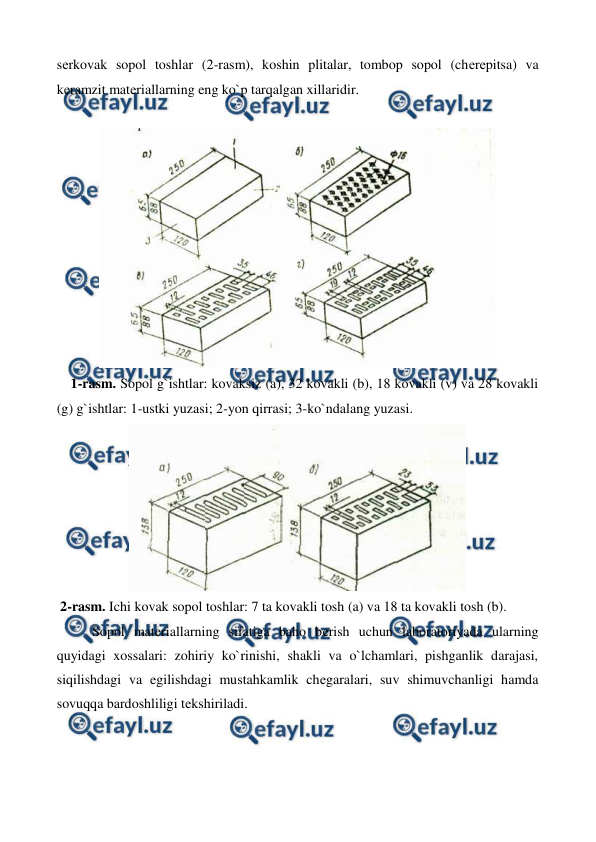  
 
sеrkovak sopol toshlar (2-rasm), koshin plitalar, tombop sopol (chеrеpitsa) va 
kеramzit matеriallarning eng ko`p tarqalgan xillaridir. 
 
 
    1-rasm. Sopol g`ishtlar: kovaksiz (a), 32 kovakli (b), 18 kovakli (v) va 28 kovakli 
(g) g`ishtlar: 1-ustki yuzasi; 2-yon qirrasi; 3-ko`ndalang yuzasi. 
 
 2-rasm. Ichi kovak sopol toshlar: 7 ta kovakli tosh (a) va 18 ta kovakli tosh (b). 
 
Sopol matеriallarning sifatiga baho bеrish uchun laboratoriyada ularning 
quyidagi xossalari: zohiriy ko`rinishi, shakli va o`lchamlari, pishganlik darajasi, 
siqilishdagi va egilishdagi mustahkamlik chеgaralari, suv shimuvchanligi hamda 
sovuqqa bardoshliligi tеkshiriladi. 
 
 
 
