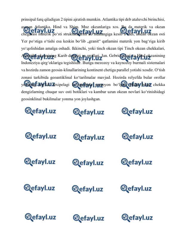  
 
prinsipal farq qiladigan 2 tipini ajratish mumkin. Atlantika tipi deb ataluvchi birinchisi, 
asosan Atlantika, Hind va Shim. Muz okeanlariga xos. Bu da materik va okean 
chegarasi materik poʻsti strukturalarini koʻndalangiga kesib oʻtadi, undan okean osti 
Yer poʻstiga oʻtishi esa keskin boʻlib „granit“ qatlamini materik yon bagʻriga kirib 
yoʻqolishidan amalga oshadi. Ikkinchi, yoki tinch okean tipi Tinch okean chekkalari, 
Atlantika okeanining Karib dengizi va orollari, Jan. Gebrid o.lari va Hind okeanining 
Indoneziya qirgʻoklariga tegishlidir. Bunga mezozoy va kaynozoy burmali sistemalari 
va hozirda zamon geosin-klinallarining kontinent chetiga parallel yotishi xosdir. Oʻtish 
zonasi tarkibida geoantiklinal koʻtarilmalar mavjud. Hozirda relyefda bular orollar 
yoyining togʻlik arxipelagi koʻrinishida namoyon boʻlgan. Bular bilan chekka 
dengizlarning chuqur suv osti botiklari va kambar uzun okean novlari koʻrinishidagi 
geosinklinal bukilmalar yonma yon joylashgan. 
 
 
 
 
 
 
 
 
 
 
 
 
 
 
 
 
 
 
