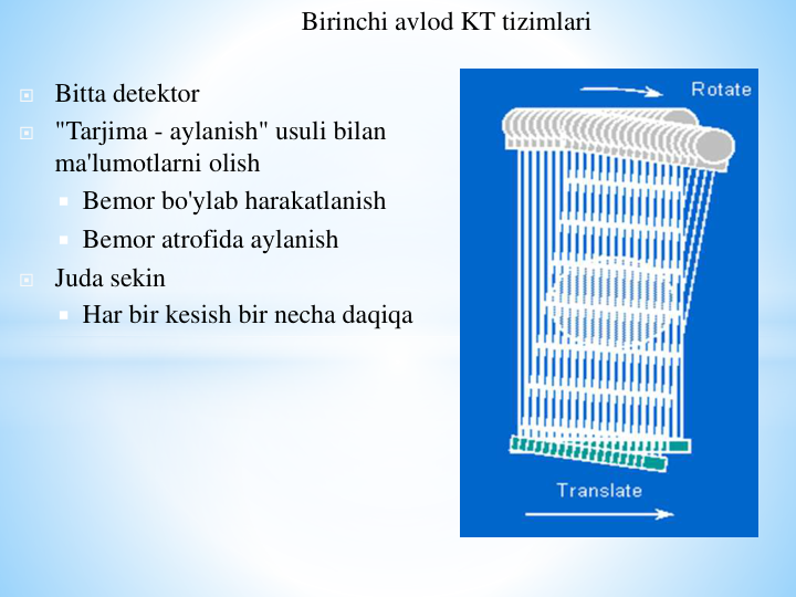 Birinchi avlod KT tizimlari
Bitta detektor
"Tarjima - aylanish" usuli bilan 
ma'lumotlarni olish
Bemor bo'ylab harakatlanish
Bemor atrofida aylanish
Juda sekin
Har bir kesish bir necha daqiqa
