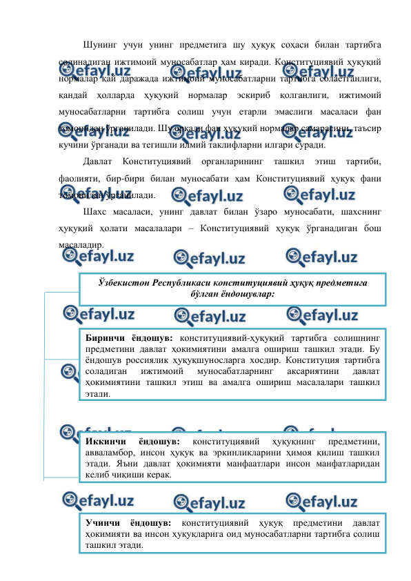  
 
Шунинг учун унинг предметига шу ҳуқуқ соҳаси билан тартибга 
солинадиган ижтимоий муносабатлар ҳам киради. Конституциявий ҳуқуқий 
нормалар қай даражада ижтимоий муносабатларни тартибга солаётганлиги, 
қандай ҳолларда ҳуқуқий нормалар эскириб қолганлиги, ижтимоий 
муносабатларни тартибга солиш учун етарли эмаслиги масаласи фан 
томонидан ўрганилади. Шу орқали фан ҳуқуқий нормалар самарасини, таъсир 
кучини ўрганади ва тегишли илмий таклифларни илгари суради. 
Давлат 
Конституциявий 
органларининг 
ташкил 
этиш 
тартиби, 
фаолияти, бир-бири билан муносабати ҳам Конституциявий ҳуқуқ фани 
томонидан ўрганилади.  
Шахс масаласи, унинг давлат билан ўзаро муносабати, шахснинг 
ҳуқуқий ҳолати масалалари – Конституциявий ҳуқуқ ўрганадиган бош 
масаладир.  
 
 
 
 
 
 
 
 
 
 
 
 
 
 
 
 
 
Ўзбекистон Республикаси конституциявий ҳуқуқ предметига 
бўлган ёндошувлар: 
Биринчи ёндошув: конституциявий-ҳуқуқий тартибга солишнинг 
предметини давлат ҳокимиятини амалга ошириш ташкил этади. Бу 
ёндошув россиялик ҳуқуқшуносларга хосдир. Конституция тартибга 
соладиган 
ижтимоий 
муносабатларнинг 
аксариятини 
давлат 
ҳокимиятини ташкил этиш ва амалга ошириш масалалари ташкил 
этади. 
Иккинчи 
ёндошув: 
конституциявий 
ҳуқуқнинг 
предметини, 
авваламбор, инсон ҳуқуқ ва эркинликларини ҳимоя қилиш ташкил 
этади. Яъни давлат ҳокимияти манфаатлари инсон манфатларидан 
келиб чиқиши керак. 
Учинчи 
ёндошув: 
конституциявий 
ҳуқуқ 
предметини 
давлат 
ҳокимияти ва инсон ҳуқуқларига оид муносабатларни тартибга солиш 
ташкил этади. 
