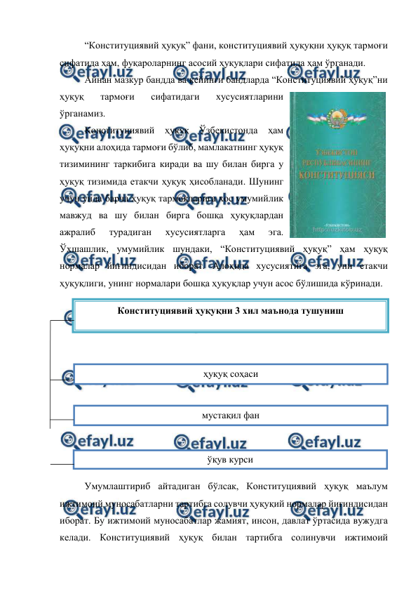  
 
“Конституциявий ҳуқуқ” фани, конституциявий ҳуқуқни ҳуқуқ тармоғи 
сифатида ҳам, фуқароларнинг асосий ҳуқуқлари сифатида ҳам ўрганади. 
Айнан мазкур бандда ва кейинги бандларда “Конституциявий ҳуқуқ”ни 
ҳуқуқ 
тармоғи 
сифатидаги 
хусусиятларини 
ўрганамиз. 
Конституциявий ҳуқуқ Ўзбекистонда ҳам 
ҳуқуқни алоҳида тармоғи бўлиб, мамлакатнинг ҳуқуқ 
тизимининг таркибига киради ва шу билан бирга у 
ҳуқуқ тизимида етакчи ҳуқуқ ҳисобланади. Шунинг 
учун унда барча ҳуқуқ тармоқларига хос умумийлик 
мавжуд ва шу билан бирга бошқа ҳуқуқлардан 
ажралиб 
турадиган 
хусусиятларга 
ҳам 
эга. 
Ўхшашлик, умумийлик шундаки, “Конституциявий ҳуқуқ” ҳам ҳуқуқ 
нормалар йиғиндисидан иборат. Алоҳида хусусиятига эга, уни етакчи 
ҳуқуқлиги, унинг нормалари бошқа ҳуқуқлар учун асос бўлишида кўринади. 
 
 
 
 
 
 
 
 
 
 
 
Умумлаштириб айтадиган бўлсак, Конституциявий ҳуқуқ маълум 
ижтимоий муносабатларни тартибга солувчи ҳуқуқий нормалар йиғиндисидан 
иборат. Бу ижтимоий муносабатлар жамият, инсон, давлат ўртасида вужудга 
келади. Конституциявий ҳуқуқ билан тартибга солинувчи ижтимоий 
Конституциявий ҳуқуқни 3 хил маънода тушуниш 
ҳуқуқ соҳаси 
мустақил фан 
ўқув курси 
