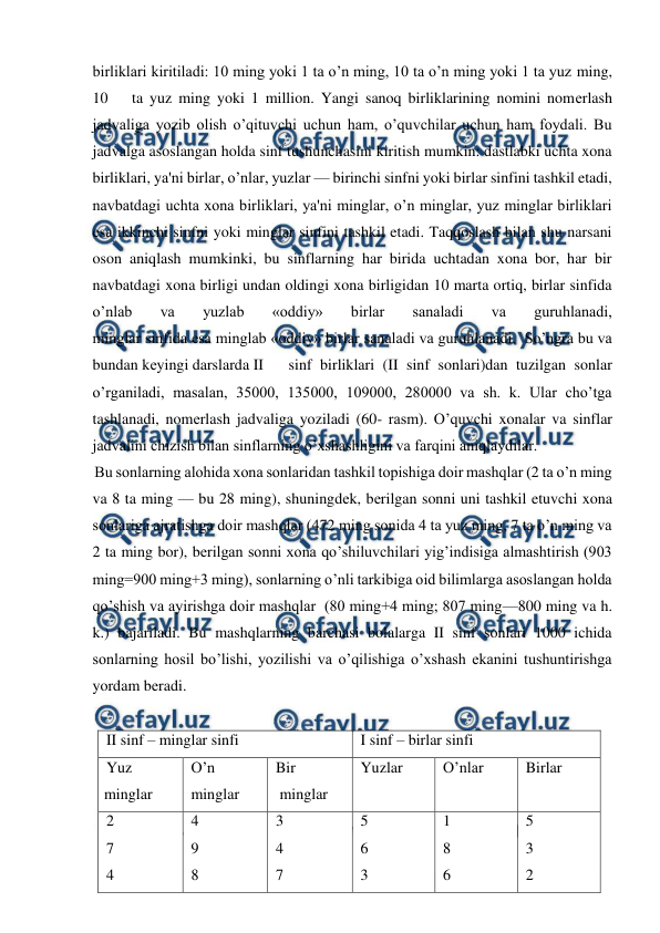  
 
birliklari kiritiladi: 10 ming yoki 1 ta o’n ming, 10 ta o’n ming yoki 1 ta yuz ming, 
10 
ta yuz ming yoki 1 million. Yangi sanoq birliklarining nomini nomеrlash 
jadvaliga yozib olish o’qituvchi uchun ham, o’quvchilar uchun ham foydali. Bu 
jadvalga asoslangan holda sinf tushunchasini kiritish mumkin: dastlabki uchta xona 
birliklari, ya'ni birlar, o’nlar, yuzlar — birinchi sinfni yoki birlar sinfini tashkil etadi, 
navbatdagi uchta xona birliklari, ya'ni minglar, o’n minglar, yuz minglar birliklari 
esa ikkinchi sinfni yoki minglar sinfini tashkil etadi. Taqqoslash bilan shu narsani 
oson aniqlash mumkinki, bu sinflarning har birida uchtadan xona bor, har bir 
navbatdagi xona birligi undan oldingi xona birligidan 10 marta ortiq, birlar sinfida 
o’nlab 
va 
yuzlab 
«oddiy» 
birlar 
sanaladi 
va 
guruhlanadi, 
minglar sinfida esa minglab «oddiy» birlar sanaladi va guruhlanadi.  So’ngra bu va 
bundan kеyingi darslarda II 
sinf birliklari (II sinf sonlari)dan tuzilgan sonlar 
o’rganiladi, masalan, 35000, 135000, 109000, 280000 va sh. k. Ular cho’tga 
tashlanadi, nomеrlash jadvaliga yoziladi (60- rasm). O’quvchi xonalar va sinflar 
jadvalini chizish bilan sinflarning o’xshashligini va farqini aniqlaydilar. 
Bu sonlarning alohida xona sonlaridan tashkil topishiga doir mashqlar (2 ta o’n ming 
va 8 ta ming — bu 28 ming), shuningdеk, bеrilgan sonni uni tashkil etuvchi xona 
sonlariga ajratishga doir mashqlar (472 ming sonida 4 ta yuz ming, 7 ta o’n ming va 
2 ta ming bor), bеrilgan sonni xona qo’shiluvchilari yig’indisiga almashtirish (903 
ming=900 ming+3 ming), sonlarning o’nli tarkibiga oid bilimlarga asoslangan holda 
qo’shish va ayirishga doir mashqlar  (80 ming+4 ming; 807 ming—800 ming va h. 
k.) bajariladi. Bu mashqlarning barchasi bolalarga II sinf sonlari 1000 ichida 
sonlarning hosil bo’lishi, yozilishi va o’qilishiga o’xshash ekanini tushuntirishga 
yordam bеradi. 
 
II sinf – minglar sinfi 
I sinf – birlar sinfi 
Yuz 
minglar 
O’n  
minglar 
Bir 
 minglar 
Yuzlar  
O’nlar 
Birlar  
2 
7 
4 
4 
9 
8 
3 
4 
7 
5 
6 
3 
1 
8 
6 
5 
3 
2 
 
