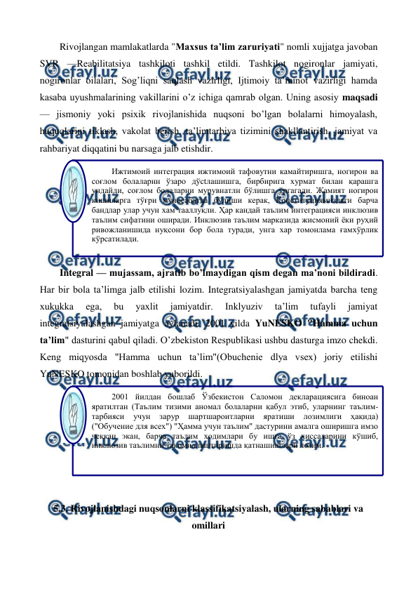  
 
Rivojlangan mamlakatlarda "Maxsus ta’lim zaruriyati" nomli xujjatga javoban 
SVR —Reabilitatsiya tashkiloti tashkil etildi. Tashkilot nogironlar jamiyati, 
nogironlar oilalari, Sog’liqni saqlash vazirligi, Ijtimoiy ta’minot vazirligi hamda 
kasaba uyushmalarining vakillarini o’z ichiga qamrab olgan. Uning asosiy maqsadi 
— jismoniy yoki psixik rivojlanishida nuqsoni bo’lgan bolalarni himoyalash, 
huquqlarini tiklash, vakolat berish, ta’limtarbiya tizimini shakllantirish, jamiyat va 
rahbariyat diqqatini bu narsaga jalb etishdir. 
 
Integral — mujassam, ajratib bo’lmaydigan qism degan ma’noni bildiradi. 
Har bir bola ta’limga jalb etilishi lozim. Integratsiyalashgan jamiyatda barcha teng 
xukukka 
ega, 
bu 
yaxlit 
jamiyatdir. 
Inklyuziv 
ta’lim 
tufayli 
jamiyat 
integratsiyalashgan jamiyatga aylanadi. 2001 yilda YuNESKO "Hamma uchun 
ta’lim" dasturini qabul qiladi. O’zbekiston Respublikasi ushbu dasturga imzo chekdi. 
Keng miqyosda "Hamma uchun ta’lim"(Obuchenie dlya vsex) joriy etilishi 
YuNESKO tomonidan boshlab yuborildi. 
 
 
5.3. Rivojlanishdagi nuqsonlarni klassifikatsiyalash, ularning sabablari va 
omillari 
2001 йилдан бошлаб Ўзбекистон Саломон декларациясига биноан 
яратилтан (Таълим тизими аномал болаларни қабул этиб, уларнинг таълим-
тарбияси 
учун 
зарур 
шартшароитларни 
яратиши 
лозимлиги 
ҳақида) 
("Обучение для всех") "Ҳамма учун таълим" дастурини амалга оширишга имзо 
чеккан экан, барча таълим ходимлари бу ишга ўз хиссаларини кўшиб, 
инклюзив таълимни такомиллаштиришда қатнашишлари лозим. 
 
Ижтимоий интеграция ижтимоий тафовутни камайтиришга, ногирон ва 
соғлом болаларнн ўзаро дўсtлашишга, бирбирига хурмат билан қарашга 
ундайди, соғлом болаларни мурувнатлн бўлишга ўргагади. Жамият ногирон 
кишиларга тўғри муносабатда бўлиши керак, Конституциямиздаги барча 
бандлар улар учун хам тааллуқли. Ҳар кандай таълим интеграцияси инклюзив 
таълим сифатини оширади. Инклюзив таълим марказида жисмоний ёки руҳий 
ривожланишида нуқсони бор бола туради, унга хар томонлама ғамхўрлик 
кўрсатилади. 
 
