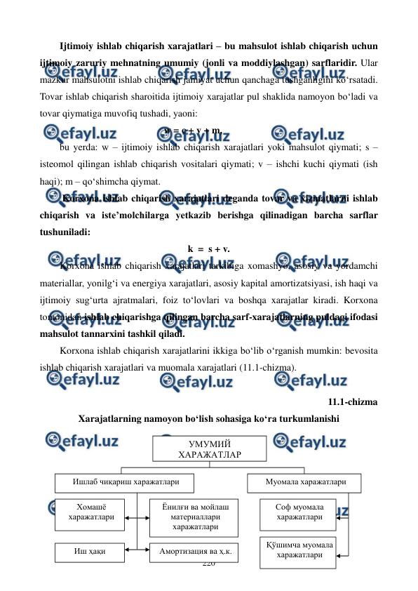 
 
220 
Ijtimoiy ishlab chiqarish xarajatlari – bu mahsulot ishlab chiqarish uchun 
ijtimoiy zaruriy mehnatning umumiy (jonli va moddiylashgan) sarflaridir. Ular 
mazkur mahsulotni ishlab chiqarish jamiyat uchun qanchaga tushganligini ko‘rsatadi. 
Tovar ishlab chiqarish sharoitida ijtimoiy xarajatlar pul shaklida namoyon bo‘ladi va 
tovar qiymatiga muvofiq tushadi, yaoni: 
  
 
 
 
w = c + v + m, 
bu yerda: w – ijtimoiy ishlab chiqarish xarajatlari yoki mahsulot qiymati; s – 
isteomol qilingan ishlab chiqarish vositalari qiymati; v – ishchi kuchi qiymati (ish 
haqi); m – qo‘shimcha qiymat. 
 Korxona ishlab chiqarish xarajatlari deganda tovar va xizmatlarni ishlab 
chiqarish va iste’molchilarga yetkazib berishga qilinadigan barcha sarflar 
tushuniladi: 
k  =  s + v. 
Korxona ishlab chiqarish xarajatlari tarkibiga xomashyo, asosiy va yordamchi 
materiallar, yonilg‘i va energiya xarajatlari, asosiy kapital amortizatsiyasi, ish haqi va 
ijtimoiy sug‘urta ajratmalari, foiz to‘lovlari va boshqa xarajatlar kiradi. Korxona 
tomonidan ishlab chiqarishga qilingan barcha sarf-xarajatlarning puldagi ifodasi 
mahsulot tannarxini tashkil qiladi. 
Korxona ishlab chiqarish xarajatlarini ikkiga bo‘lib o‘rganish mumkin: bevosita 
ishlab chiqarish xarajatlari va muomala xarajatlari (11.1-chizma).  
 
11.1-chizma  
Xarajatlarning namoyon bo‘lish sohasiga ko‘ra turkumlanishi 
 
 
 
 
 
 
 
УМУМИЙ 
ХАРАЖАТЛАР  
 
Ишлаб чиқариш харажатлари 
 
Муомала харажатлари 
 
Иш ҳақи 
 
 
Хомашё 
харажатлари 
 
Ёнилғи ва мойлаш 
материаллари 
харажатлари 
 
Амортизация ва ҳ.к. 
 
Қўшимча муомала 
харажатлари 
 
Соф муомала 
харажатлари 
 
