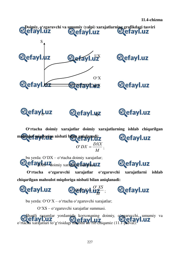  
 
227 
11.4-chizma  
Doimiy, o‘zgaruvchi va umumiy (yalpi) xarajatlarning grafikdagi tasviri 
      
              S                         
 
                                                                 UX 
 
 
                                                                O‘X 
                                                                 DX 
 
 
 
               0                                                 Q 
 
O‘rtacha doimiy xarajatlar doimiy xarajatlarning ishlab chiqarilgan 
mahsulot miqdoriga nisbati bilan aniqlanadi: 
М
DХХ
DХ
O

'
; 
bu yerda: O‘DX – o‘rtacha doimiy xarajatlar; 
           DXS – doimiy xarajatlar summasi. 
 O‘rtacha 
o‘zgaruvchi 
xarajatlar 
o‘zgaruvchi 
xarajatlarni 
ishlab 
chiqarilgan mahsulot miqdoriga nisbati bilan aniqlanadi: 
М
ХS
O
Х
O
O
'
'
'

; 
bu yerda: O‘O‘X – o‘rtacha o‘zgaruvchi xarajatlar; 
           O‘XS – o‘zgaruvchi xarajatlar summasi. 
Shartli raqamlar yordamida korxonaning doimiy, o‘zgaruvchi, umumiy va 
o‘rtacha xarajatlari to‘g‘risidagi misolni ko‘rib chiqamiz (11.1-jadval). 
