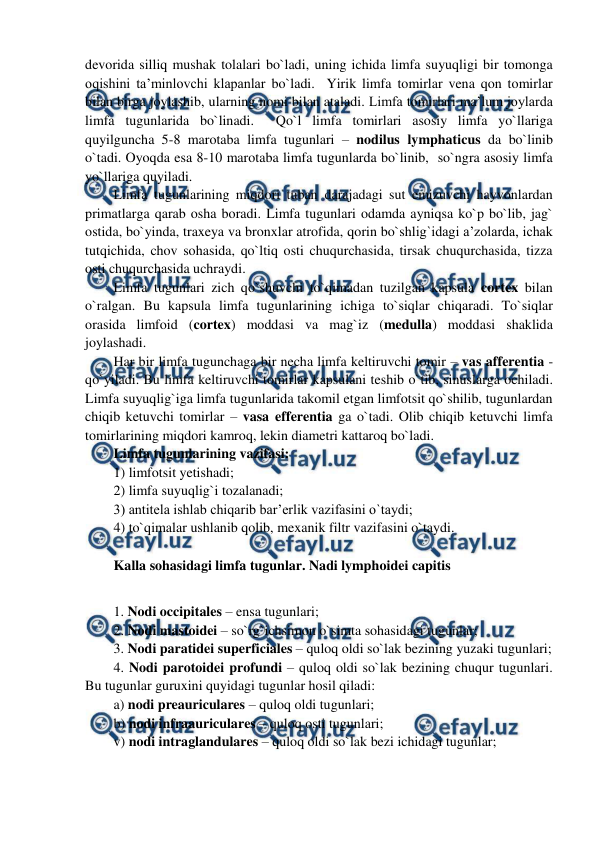  
 
devorida silliq mushak tolalari bo`ladi, uning ichida limfa suyuqligi bir tomonga 
oqishini ta’minlovchi klapanlar bo`ladi.  Yirik limfa tomirlar vena qon tomirlar 
bilan birga joylashib, ularning nomi bilan ataladi. Limfa tomirlari ma’lum joylarda 
limfa tugunlarida bo`linadi.  Qo`l limfa tomirlari asosiy limfa yo`llariga 
quyilguncha 5-8 marotaba limfa tugunlari – nodilus lymphaticus da bo`linib 
o`tadi. Oyoqda esa 8-10 marotaba limfa tugunlarda bo`linib,  so`ngra asosiy limfa 
yo`llariga quyiladi.  
Limfa tugunlarining miqdori tuban darajadagi sut emizuvchi hayvonlardan 
primatlarga qarab osha boradi. Limfa tugunlari odamda ayniqsa ko`p bo`lib, jag` 
ostida, bo`yinda, traxeya va bronxlar atrofida, qorin bo`shlig`idagi a’zolarda, ichak 
tutqichida, chov sohasida, qo`ltiq osti chuqurchasida, tirsak chuqurchasida, tizza 
osti chuqurchasida uchraydi.  
Limfa tugunlari zich qo`shuvchi to`qimadan tuzilgan kapsula cortex bilan 
o`ralgan. Bu kapsula limfa tugunlarining ichiga to`siqlar chiqaradi. To`siqlar 
orasida limfoid (cortex) moddasi va mag`iz (medulla) moddasi shaklida 
joylashadi.  
Har bir limfa tugunchaga bir necha limfa keltiruvchi tomir – vas afferentia - 
qo`yiladi. Bu limfa keltiruvchi tomirlar kapsulani teshib o`tib, sinuslarga ochiladi.  
Limfa suyuqlig`iga limfa tugunlarida takomil etgan limfotsit qo`shilib, tugunlardan 
chiqib ketuvchi tomirlar – vasa efferentia ga o`tadi. Olib chiqib ketuvchi limfa 
tomirlarining miqdori kamroq, lekin diametri kattaroq bo`ladi.  
Limfa tugunlarining vazifasi:  
1) limfotsit yetishadi;  
2) limfa suyuqlig`i tozalanadi;  
3) antitela ishlab chiqarib bar’erlik vazifasini o`taydi;  
4) to`qimalar ushlanib qolib, mexanik filtr vazifasini o`taydi.  
 
Kalla sohasidagi limfa tugunlar. Nadi lymphoidei capitis 
 
1. Nodi occipitales – ensa tugunlari; 
2. Nodi mastoidei – so`rg`ichsimon o`simta sohasidagi tugunlar; 
3. Nodi paratidei superficiales – quloq oldi so`lak bezining yuzaki tugunlari;  
4. Nodi parotoidei profundi – quloq oldi so`lak bezining chuqur tugunlari. 
Bu tugunlar guruxini quyidagi tugunlar hosil qiladi: 
a) nodi preauriculares – quloq oldi tugunlari;  
b) nodi infraauriculares – quloq osti tugunlari; 
v) nodi intraglandulares – quloq oldi so`lak bezi ichidagi tugunlar; 
