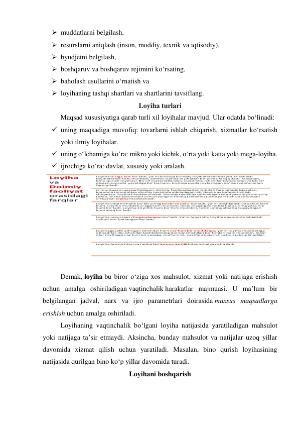  muddatlarni belgilash, 
 resurslarni aniqlash (inson, moddiy, texnik va iqtisodiy), 
 byudjetni belgilash, 
 boshqaruv va boshqaruv rejimini ko‘rsating, 
 baholash usullarini o‘rnatish va 
 loyihaning tashqi shartlari va shartlarini tavsiflang. 
Loyiha turlari 
Maqsad xususiyatiga qarab turli xil loyihalar mavjud. Ular odatda bo‘linadi: 
 uning maqsadiga muvofiq: tovarlarni ishlab chiqarish, xizmatlar ko‘rsatish 
yoki ilmiy loyihalar. 
 uning o‘lchamiga ko‘ra: mikro yoki kichik, o‘rta yoki katta yoki mega-loyiha. 
 ijrochiga ko‘ra: davlat, xususiy yoki aralash. 
 
 
Demak, loyiha bu biror o‘ziga xos mahsulot, xizmat yoki natijaga erishish 
uchun amalga oshiriladigan vaqtinchalik harakatlar majmuasi. U ma’lum bir 
belgilangan jadval, narx va ijro parametrlari doirasida maxsus maqsadlarga 
erishish uchun amalga oshiriladi. 
Loyihaning vaqtinchalik bo‘lgani loyiha natijasida yaratiladigan mahsulot 
yoki natijaga ta’sir etmaydi. Aksincha, bunday mahsulot va natijalar uzoq yillar 
davomida xizmat qilish uchun yaratiladi. Masalan, bino qurish loyihasining 
natijasida qurilgan bino ko‘p yillar davomida turadi. 
Loyihani boshqarish 
