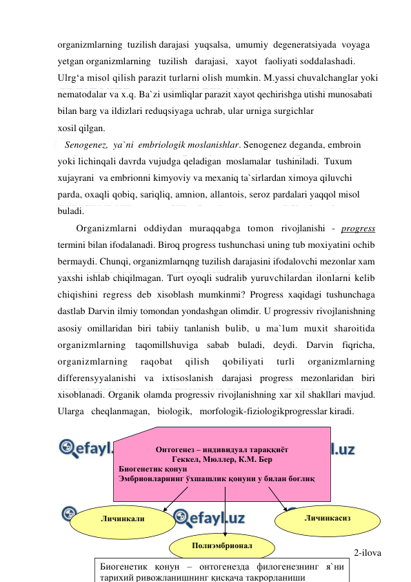  
 
organizmlarning  tuzilish darajasi  yuqsalsa,  umumiy  degeneratsiyada  voyaga  
yetgan organizmlarning   tuzilish   darajasi,   xayot   faoliyati soddalashadi. 
Ulrg‘a misol qilish parazit turlarni olish mumkin. M.yassi chuvalchanglar yoki 
nematodalar va x.q. Ba`zi usimliqlar parazit xayot qechirishga utishi munosabati 
bilan barg va ildizlari reduqsiyaga uchrab, ular urniga surgichlar 
xosil qilgan. 
   Senogenez,  ya`ni  embriologik moslanishlar. Senogenez deganda, embroin 
yoki lichinqali davrda vujudga qeladigan  moslamalar  tushiniladi.  Tuxum  
xujayrani  va embrionni kimyoviy va mexaniq ta`sirlardan ximoya qiluvchi 
parda, oxaqli qobiq, sariqliq, amnion, allantois, seroz pardalari yaqqol misol 
buladi. 
Organizmlarni oddiydan muraqqabga tomon rivojlanishi - progress 
termini bilan ifodalanadi. Biroq progress tushunchasi uning tub moxiyatini ochib 
bermaydi. Chunqi, organizmlarnqng tuzilish darajasini ifodalovchi mezonlar xam 
yaxshi ishlab chiqilmagan. Turt oyoqli sudralib yuruvchilardan ilonlarni kelib 
chiqishini regress deb xisoblash mumkinmi? Progress xaqidagi tushunchaga 
dastlab Darvin ilmiy tomondan yondashgan olimdir. U progressiv rivojlanishning 
asosiy omillaridan biri tabiiy tanlanish bulib, u ma`lum muxit sharoitida 
organizmlarning taqomillshuviga sabab buladi, deydi. Darvin fiqricha, 
organizmlarning 
raqobat 
qilish 
qobiliyati 
turli 
organizmlarning 
differensyyalanishi va ixtisoslanish darajasi progress mezonlaridan biri 
xisoblanadi. Organik olamda progressiv rivojlanishning xar xil shakllari mavjud. 
Ularga   cheqlanmagan,   biologik,   morfologik-fiziologikprogresslar kiradi. 
 
 
 
 
 
 
2-ilova  
Онтогенез – индивидуал тараққиёт 
Геккел, Мюллер, К.М. Бер 
Биогенетик қонун 
Эмбрионларнинг ўхшашлик қонуни у билан боғлиқ  
 
Личинкали 
Полиэмбрионал 
Личинкасиз 
 
Биогенетик қонун – онтогенезда филогенезнинг я`ни 
тарихий ривожланишнинг қисқача такрорланиши  
