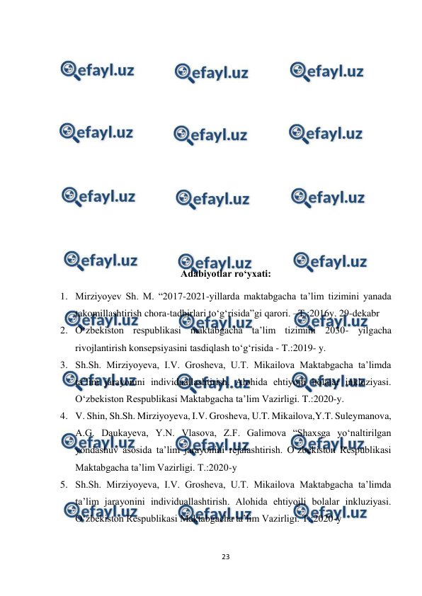  
23 
 
 
 
 
 
 
 
 
 
 
 
Adabiyotlar ro‘yxati: 
1. Mirziyoyev Sh. M. “2017-2021-yillarda maktabgacha ta’lim tizimini yanada 
takomillashtirish chora-tadbirlari to‘g‘risida”gi qarori. –T.:2016y. 29-dekabr 
2. O‘zbekiston respublikasi maktabgacha ta’lim tizimini 2030- yilgacha 
rivojlantirish konsepsiyasini tasdiqlash to‘g‘risida - T.:2019- y. 
3. Sh.Sh. Mirziyoyeva, I.V. Grosheva, U.T. Mikailova Maktabgacha ta’limda 
ta’lim jarayonini individuallashtirish. Alohida ehtiyojli bolalar inkluziyasi. 
O‘zbekiston Respublikasi Maktabgacha ta’lim Vazirligi. T.:2020-y. 
4. V. Shin, Sh.Sh. Mirziyoyeva, I.V. Grosheva, U.T. Mikailova,Y.T. Suleymanova, 
A.G. Daukayeva, Y.N. Vlasova, Z.F. Galimova “Shaxsga yo‘naltirilgan 
yondashuv asosida ta’lim jarayonini rejalashtirish. O‘zbekiston Respublikasi 
Maktabgacha ta’lim Vazirligi. T.:2020-y 
5. Sh.Sh. Mirziyoyeva, I.V. Grosheva, U.T. Mikailova Maktabgacha ta’limda 
ta’lim jarayonini individuallashtirish. Alohida ehtiyojli bolalar inkluziyasi. 
O‘zbekiston Respublikasi Maktabgacha ta’lim Vazirligi. T.:2020-y 
