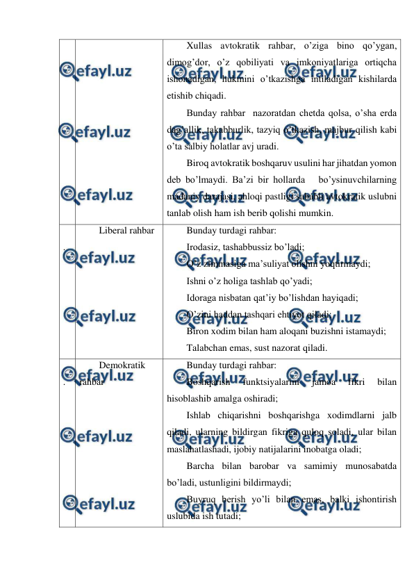  
 
Xullas avtokratik rahbar, o’ziga bino qo’ygan, 
dimog’dor, o’z qobiliyati va imkoniyatlariga ortiqcha 
ishonadigan, hukmini o’tkazishga intiladigan kishilarda 
etishib chiqadi.   
Bunday rahbar  nazoratdan chetda qolsa, o’sha erda 
dag’allik, takabburlik, tazyiq o’tkazish, majbur qilish kabi 
o’ta salbiy holatlar avj uradi. 
Biroq avtokratik boshqaruv usulini har jihatdan yomon 
deb bo’lmaydi. Ba’zi bir hollarda   bo’ysinuvchilarning 
madaniy darajasi, ahloqi pastligi sababli avtokratik uslubni  
tanlab olish ham ish berib qolishi mumkin. 
2
. 
Liberal rahbar 
Bunday turdagi rahbar: 
Irodasiz, tashabbussiz bo’ladi; 
O’z zimmasiga ma’suliyat olishni yoqtirmaydi; 
Ishni o’z holiga tashlab qo’yadi;  
Idoraga nisbatan qat’iy bo’lishdan hayiqadi;  
O’zini haddan tashqari ehtiyot qiladi;  
Biron xodim bilan ham aloqani buzishni istamaydi;  
Talabchan emas, sust nazorat qiladi. 
3
. 
Demokratik 
rahbar 
Bunday turdagi rahbar: 
Boshqarish 
funktsiyalarini 
jamoa 
fikri 
bilan 
hisoblashib amalga oshiradi; 
Ishlab chiqarishni boshqarishga xodimdlarni jalb 
qiladi, ularning bildirgan fikriga quloq soladi, ular bilan 
maslahatlashadi, ijobiy natijalarini inobatga oladi; 
Barcha bilan barobar va samimiy munosabatda 
bo’ladi, ustunligini bildirmaydi; 
Buyruq berish yo’li bilan emas, balki ishontirish 
uslubida ish tutadi; 
