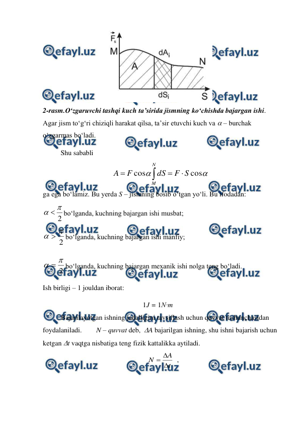  
 
 
2-rasm.O‘zgaruvchi tashqi kuch ta’sirida jismning ko‘chishda bajargan ishi. 
Agar jism to‘g‘ri chiziqli harakat qilsa, ta’sir etuvchi kuch va  – burchak 
o‘zgarmas bo‘ladi. 
 
Shu sababli 


cos
cos
S
F
dS
F
A
N
M




           
 
ga ega bo‘lamiz. Bu yerda S – jismning bosib o‘tgan yo‘li. Bu ifodadan: 
2


bo‘lganda, kuchning bajargan ishi musbat;  
2


bo‘lganda, kuchning bajargan ishi manfiy; 
2


bo‘lganda, kuchning bajargan mexanik ishi nolga teng bo‘ladi. 
Ish birligi – 1 jouldan iborat: 
1J = 1N·m  
Bajarilayotgan ishning jadalligini tavsiflash uchun quvvat tushunchasidan 
foydalaniladi.  
N – quvvat deb,  A bajarilgan ishning, shu ishni bajarish uchun 
ketgan t vaqtga nisbatiga teng fizik kattalikka aytiladi.      
                                                 
t
A
N



  ,                                          
