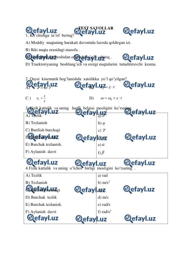  
 
 
TEST SAVOLLAR 
1. Ko’chishga  ta’rif  bering? 
A) Moddiy  nuqtaning harakati davomida fazoda qoldirgan izi. 
B) Ikki nuqta orasidagi masofa . 
C) Koordinatalar boshidan o’tuvchi to’g’ri  chiziq . 
D) Traektoriyaning  boshlang’ich va oxirgi nuqtalarini  tutashtiruvchi  kesma. 
 
2. Qaysi  kinematik bog’lanishda  xatolikka  yo’l qo’yilgan? 
A) 
r



 
 
 
 
B) 
r
a



 
 
C ) 
к
a


  
 
 
 
D) 
t






0
 
3. Fizik kattalik  va uning   harfli  belgisi  mosligini  ko’rsating    
A) Tezlik     
 
 
 
B) Tezlanish  
 
 
 
 
C) Burilish burchagi           
D) Burchak  tezlik                      
E) Burchak tezlanish.              
F) Aylanish  davri     
 
 
 
a) 
b) φ  
c) T  
d) ω 
e) a  
f)  
 
4.Fizik kattalik  va uning  o’lchov  birligi  mosligini  ko’rsating  . 
A) Tezlik     
 
B) Tezlanish  
 
 
C) Burilish burchagi           
D) Burchak  tezlik                      
E) Burchak tezlanish.              
F) Aylanish  davri     
 
 
 
a) rad  
b) m/s2 
c) s  
d) m/s 
e) rad/s 
f) rad/s2 
 
