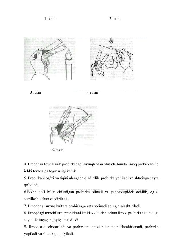  
 
1-rasm 
 
 
 
 
    2-rasm 
 
 
              
 
 
      3-rasm  
 
 
            4-rasm 
 
                         
 
                            5-rasm 
 
4. Ilmoqdan foydalanib probirkadagi suyuqlikdan olinadi, bunda ilmoq probirkaning 
ichki tomoniga tegmasligi kerak. 
5. Probirkani og’zi va tiqini alangada qizdirilib, probirka yopiladi va shtativga qayta 
qo’yiladi. 
6.Bo’sh qo’l bilan ekiladigan probirka olinadi va yuqoridagidek ochilib, og’zi 
sterillash uchun qizdiriladi. 
7. Ilmoqdagi suyuq kultura probirkaga asta solinadi so’ng aralashtiriladi. 
8. Ilmoqdagi tomchilarni probirkani ichida qoldirish uchun ilmoq probirkani ichidagi 
suyuqlik tugagan joyiga tegiziladi. 
9. Ilmoq asta chiqariladi va probirkani og’zi bilan tiqin flambirlanadi, probirka 
yopiladi va shtativga qo’yiladi. 
