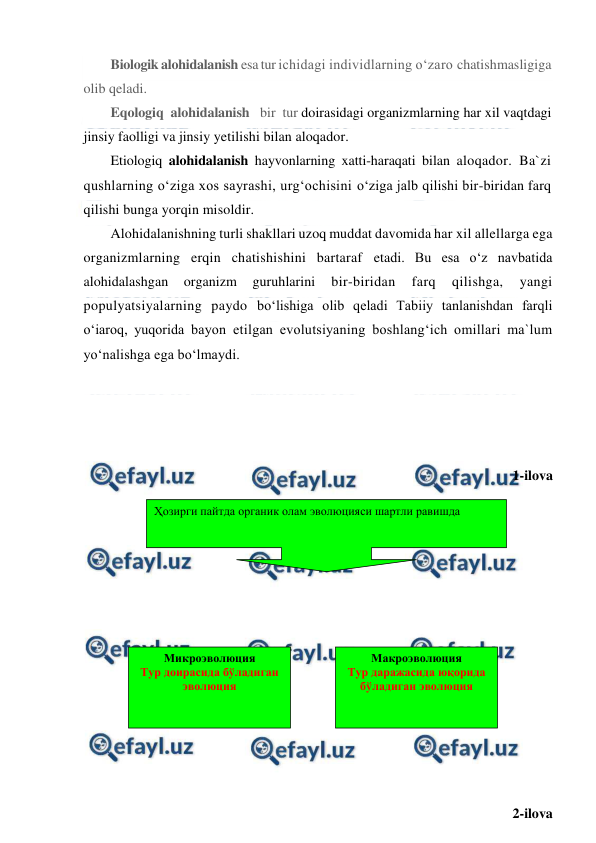  
 
Biologik alohidalanish esa tur ichidagi individlarning o‘zaro chatishmasligiga  
olib qeladi. 
Eqologiq  alohidalanish   bir  tur doirasidagi organizmlarning har xil vaqtdagi 
jinsiy faolligi va jinsiy yetilishi bilan aloqador. 
Etiologiq alohidalanish hayvonlarning xatti-haraqati bilan aloqador. Ba`zi 
qushlarning o‘ziga xos sayrashi, urg‘ochisini o‘ziga jalb qilishi bir-biridan farq 
qilishi bunga yorqin misoldir. 
Alohidalanishning turli shakllari uzoq muddat davomida har xil allellarga ega 
organizmlarning erqin chatishishini bartaraf etadi. Bu esa o‘z navbatida 
alohidalashgan 
organizm 
guruhlarini 
bir-biridan 
farq 
qilishga, 
yangi 
populyatsiyalarning paydo bo‘lishiga olib qeladi Tabiiy tanlanishdan farqli 
o‘iaroq, yuqorida bayon etilgan evolutsiyaning boshlang‘ich omillari ma`lum 
yo‘nalishga ega bo‘lmaydi.  
 
 
 
 
1-ilova 
 
 
 
 
 
 
 
 
 
 
 
 
 
2-ilova  
Ҳозирги пайтда органик олам эволюцияси шартли равишда  
Микроэволюция 
Тур доирасида бўладиган 
эволюция 
Макроэволюция 
Тур даражасида юқорида 
бўладиган эволюция 
