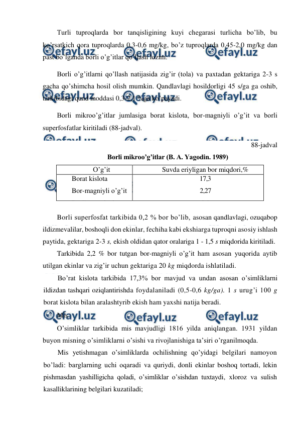  
 
Turli tuproqlarda bor tanqisligining kuyi chegarasi turlicha bo’lib, bu 
ko’rsatkich qora tuproqlarda 0,3-0,6 mg/kg, bo’z tuproqlarda 0,45-2,0 mg/kg dan 
past bo’lganda borli o’g’itlar qo’llash lozim. 
Borli o’g’itlarni qo’llash natijasida zig’ir (tola) va paxtadan gektariga 2-3 s 
gacha qo’shimcha hosil olish mumkin. Qandlavlagi hosildorligi 45 s/ga ga oshib, 
tarkibidagi qand moddasi 0,3-2,1 %ga ko’payadi. 
Borli mikroo’g’itlar jumlasiga borat kislota, bor-magniyli o’g’it va borli 
superfosfatlar kiritiladi (88-jadval). 
88-jadval 
Borli mikroo’g’itlar (B. A. Yagodin. 1989) 
O’g’it 
Suvda eriyligan bor miqdori,% 
Borat kislota 
Bor-magniyli o’g’it 
Borli superfosfat 
17,3 
2,27 
0,2 
 
Borli superfosfat tarkibida 0,2 % bor bo’lib, asosan qandlavlagi, ozuqabop 
ildizmevalilar, boshoqli don ekinlar, fechiha kabi ekshiarga tuproqni asosiy ishlash 
paytida, gektariga 2-3 s, ekish oldidan qator oralariga 1 - 1,5 s miqdorida kiritiladi. 
Tarkibida 2,2 % bor tutgan bor-magniyli o’g’it ham asosan yuqorida aytib 
utilgan ekinlar va zig’ir uchun gektariga 20 kg miqdorda ishlatiladi. 
Bo’rat kislota tarkibida 17,3% bor mavjud va undan asosan o’simliklarni 
ildizdan tashqari oziqlantirishda foydalaniladi (0,5-0,6 kg/ga). 1 s urug’i 100 g 
borat kislota bilan aralashtyrib ekish ham yaxshi natija beradi. 
Mis 
O’simliklar tarkibida mis mavjudligi 1816 yilda aniqlangan. 1931 yildan 
buyon misning o’simliklarni o’sishi va rivojlanishiga ta’siri o’rganilmoqda. 
Mis yetishmagan o’simliklarda ochilishning qo’yidagi belgilari namoyon 
bo’ladi: barglarning uchi oqaradi va quriydi, donli ekinlar boshoq tortadi, lekin 
pishmasdan yashilligicha qoladi, o’simliklar o’sishdan tuxtaydi, xloroz va sulish 
kasalliklarining belgilari kuzatiladi; 
